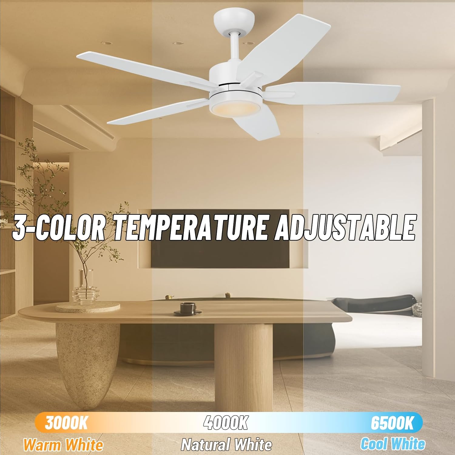 42" Ceiling Fan for Living Room - 5 Blades Modern Ceiling Fan with Light for Bedroom - Quiet DC Motor - 3CCT - 6 Speeds - Dimmable - Reversible Function - White