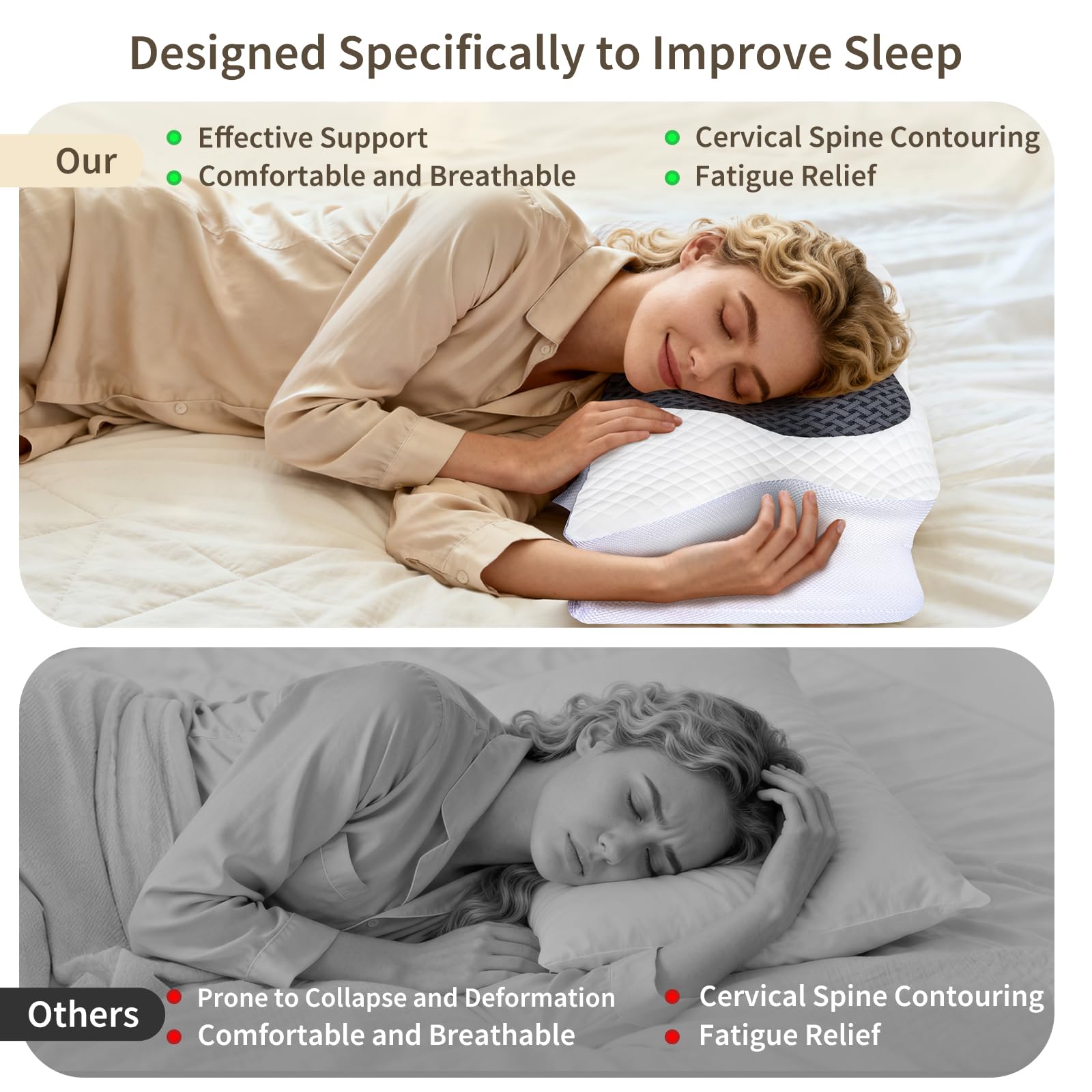 Cuscino per dolori al collo, cuscino ortopedico in memory foam, cuscino ergonomico per chi dorme sul fianco, cuscino cervicale per dorme laterale, schiena e addome, 61,7 x 37 x 13/13,6 cm