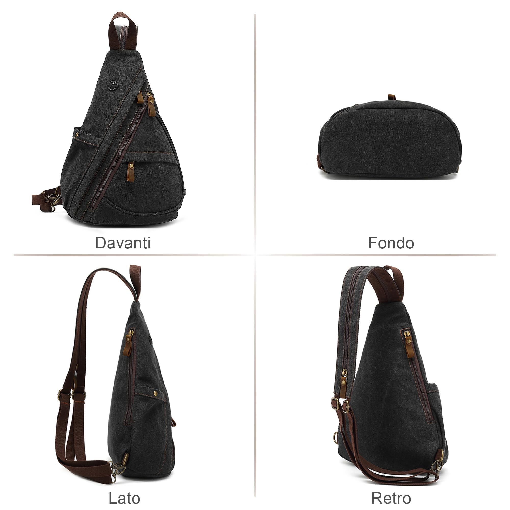 VARLIVOO Zaino Monospalla da Uomo Borse a Spalla Sling Bag Crossbody Bag Escursionismo Viaggio Pendolarismo Campeggio Ciclismo Alpinismo Scuola Tela Sling Backpack Nero