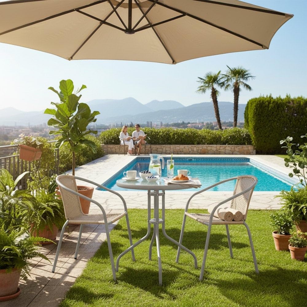 MONTY Mesa de jardín de Acero y Cristal Templado | De Ø 60 cm | Pintuta Color Beige con epoxi Anticorrosión | Resistente y Duradera | Balcón, Terraza o Jardín | Trivia