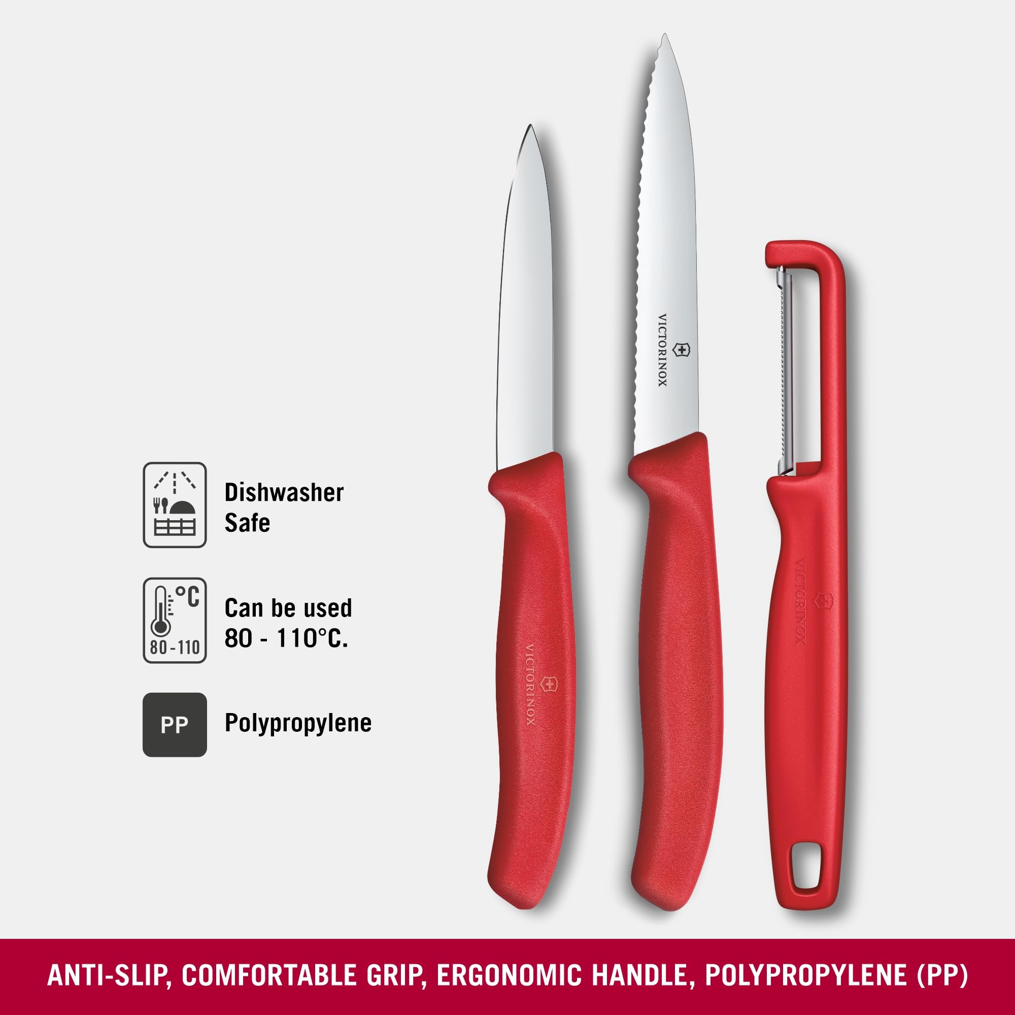Victorinox Swiss Classic Juego de navajas con pelador, cuchillo para pelar y cuchillo para tomates, 3 piezas, hoja extra afilada, Rojo
