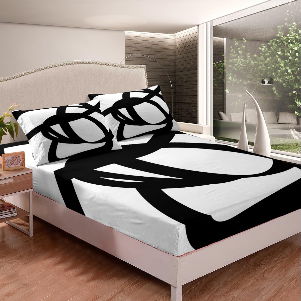Stripe Line Sheet Set King Size Kids Geometric Sheets with Deep Pocket Fitted Sheet for Boys Girls Teens Black and White Bed Sheets Set Breathable Abstract Bedding Set Room Decor Modern Art Bed Set