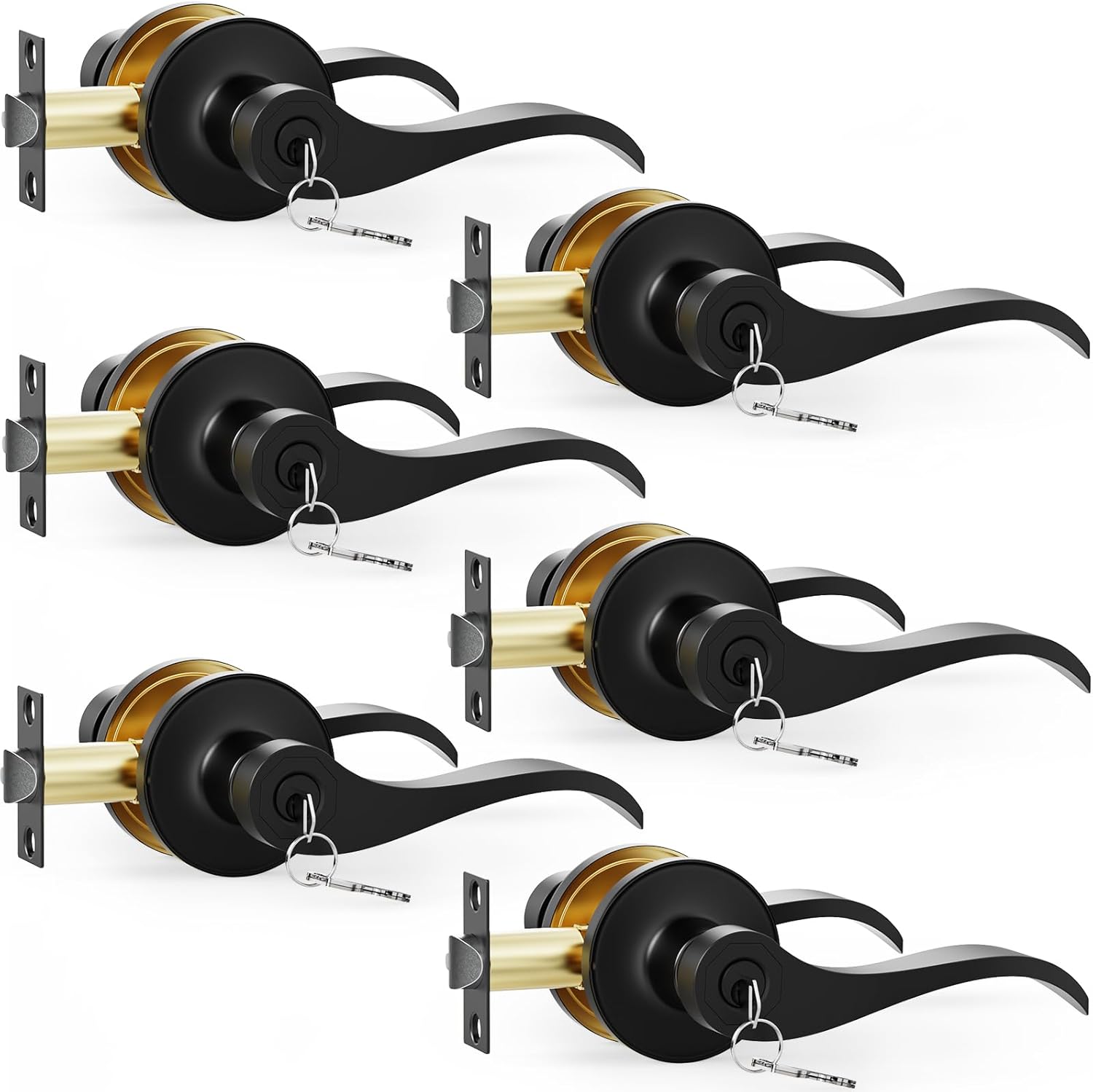 6 Pack Entry Black Door Handle with Lock and Key, Keyed Different Door Levers Interior Exterior Handle Lock, Reversible Front Entrance for Bedroom Wave Style Lever Handles