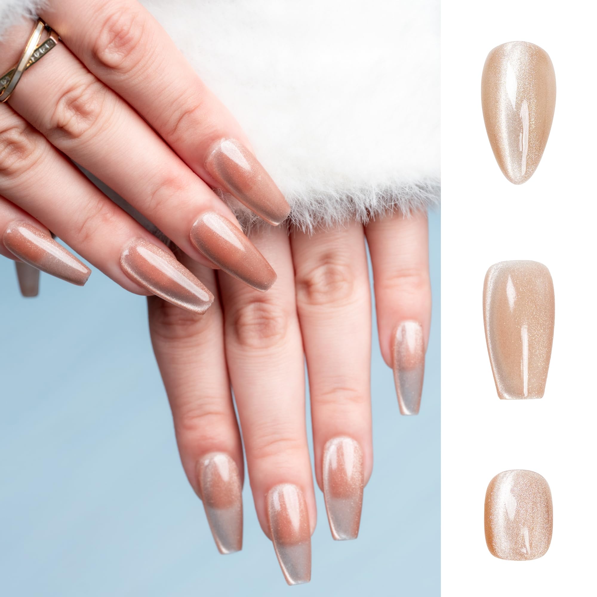 Sun&Beam Nails Handmade Press-on Medium Long Almond Flesh Color Cat Eye Design Charming False Nail Tips 10 Pcs (#121 M) — view 2