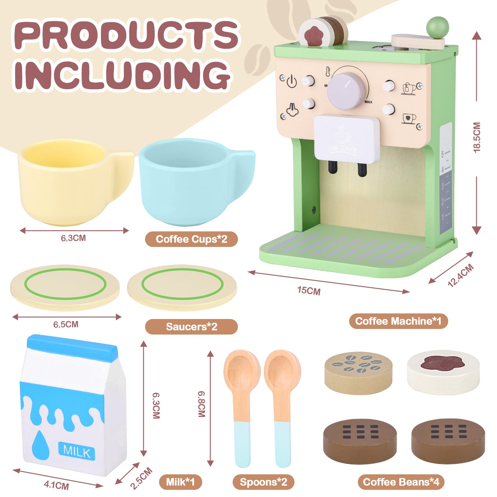 Cafetière en Bois Bébé, Jouet Jeux de Rôle Éducatif, Machine à Café Jouet Boulangerie Nourriture Accessoire Dinettes Cuisine, Cadeau Créatif Anniversaire Pâques Noël Enfant