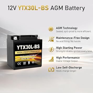 YTX30L-BS 12V 30Ah AGM Sealed Motorcycle Battery, Maintenance-Free, Compatible with ETX30L-BS Harley Davidson, Polaris Sportsman, ATV UTV Snowmobile