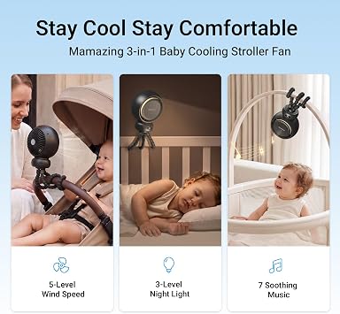 MAMAZING Portable Stroller Fan for Cooling, 70° Auto Oscillation, 5000mAh