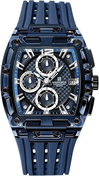 NAVIFORCE Men's Watch Fashion Sport Rectangle Wrist Watches Chronograph/Waterproof/Luminous/Calendar Silicon Strap Quartz Watch for Men