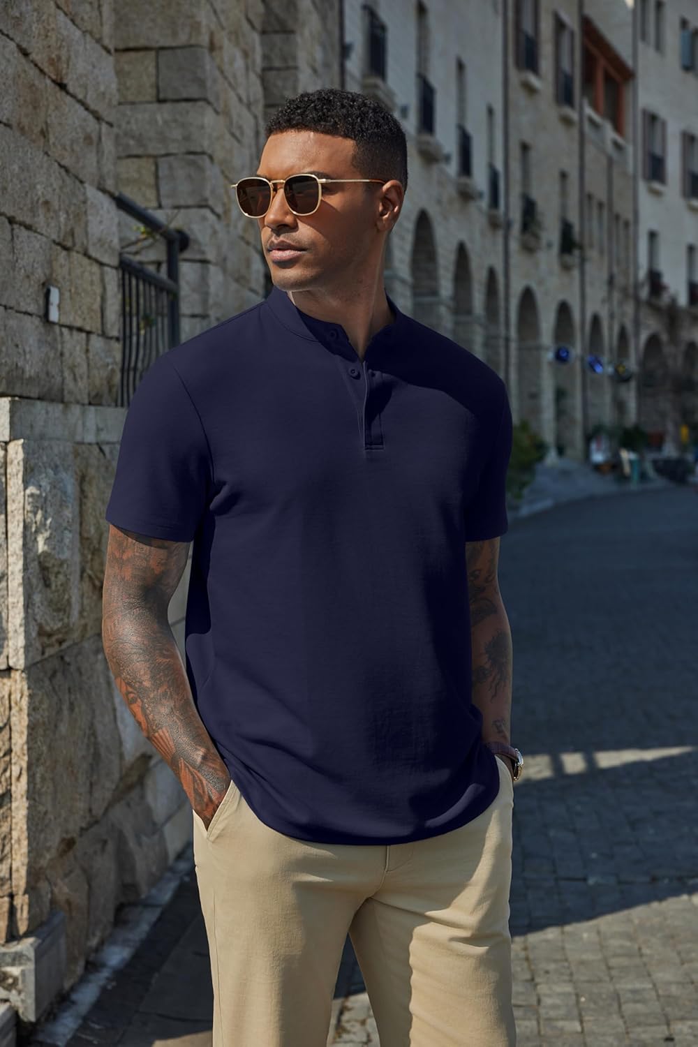 COOFANDY Men's Casual Henley Shirt Short Sleeve Cotton Pique Band Collar Shirt Summer Button Basic Tee Shirts - Image 6