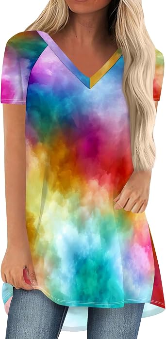 Women V-Neck Plus Size Tie Dye Shirts Vintage Summer Tunic Tops Casual Swing Short Sleeve Fashion Shirts Blouse Soft Tee