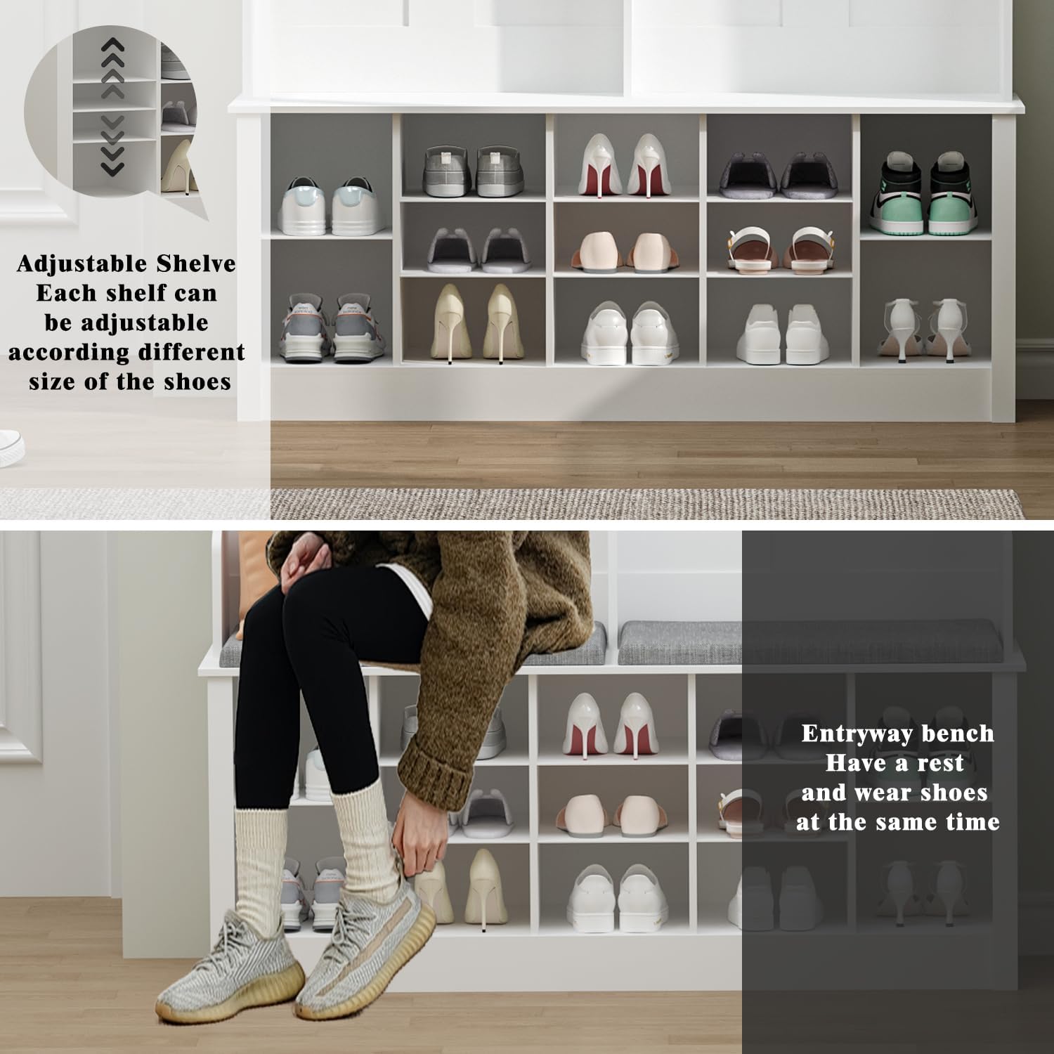 Close-up of the hall tree's adjustable shoe shelf and a person sitting on the bench putting on shoes.