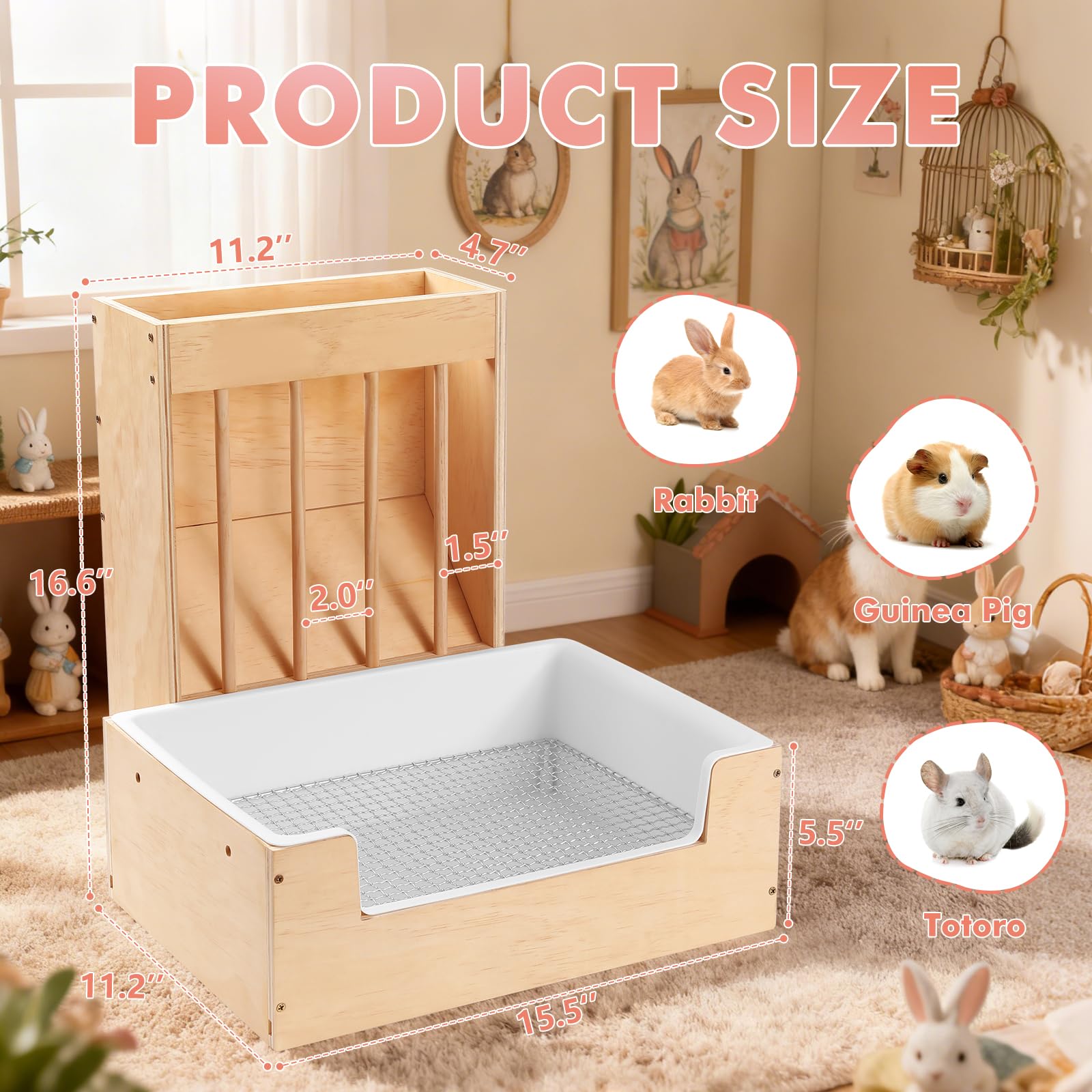Essenhome Extra-Large 2-in-1 Rabbit Litter Box & Hay Feeder Set, Wood, Mess Proof, for Guinea Pigs, Chinchillas, Hamsters, and Rabbits - image 2