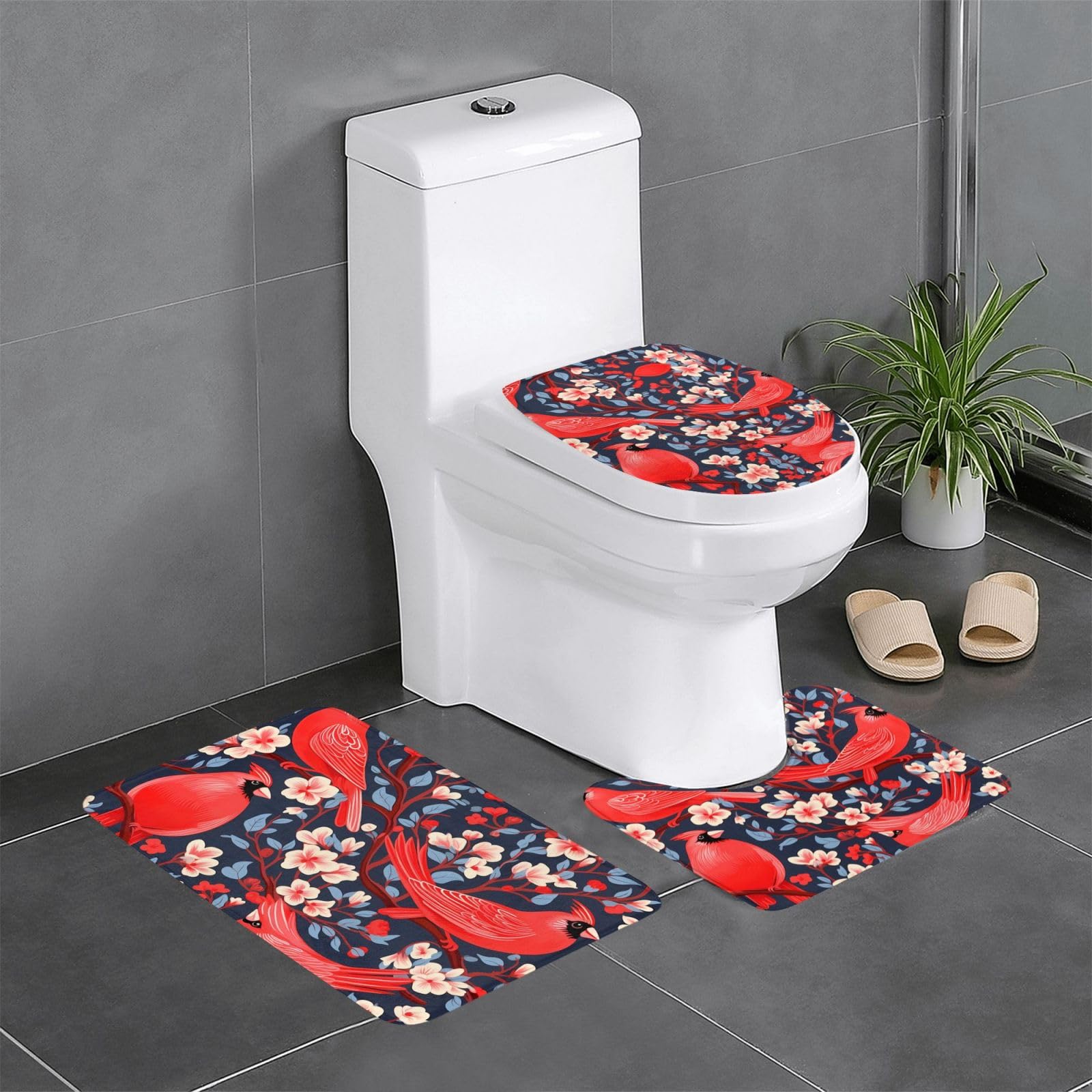 Tapis de salle de bain antidérapants lot de 3 avec motif oiseaux rouges pour toilettes