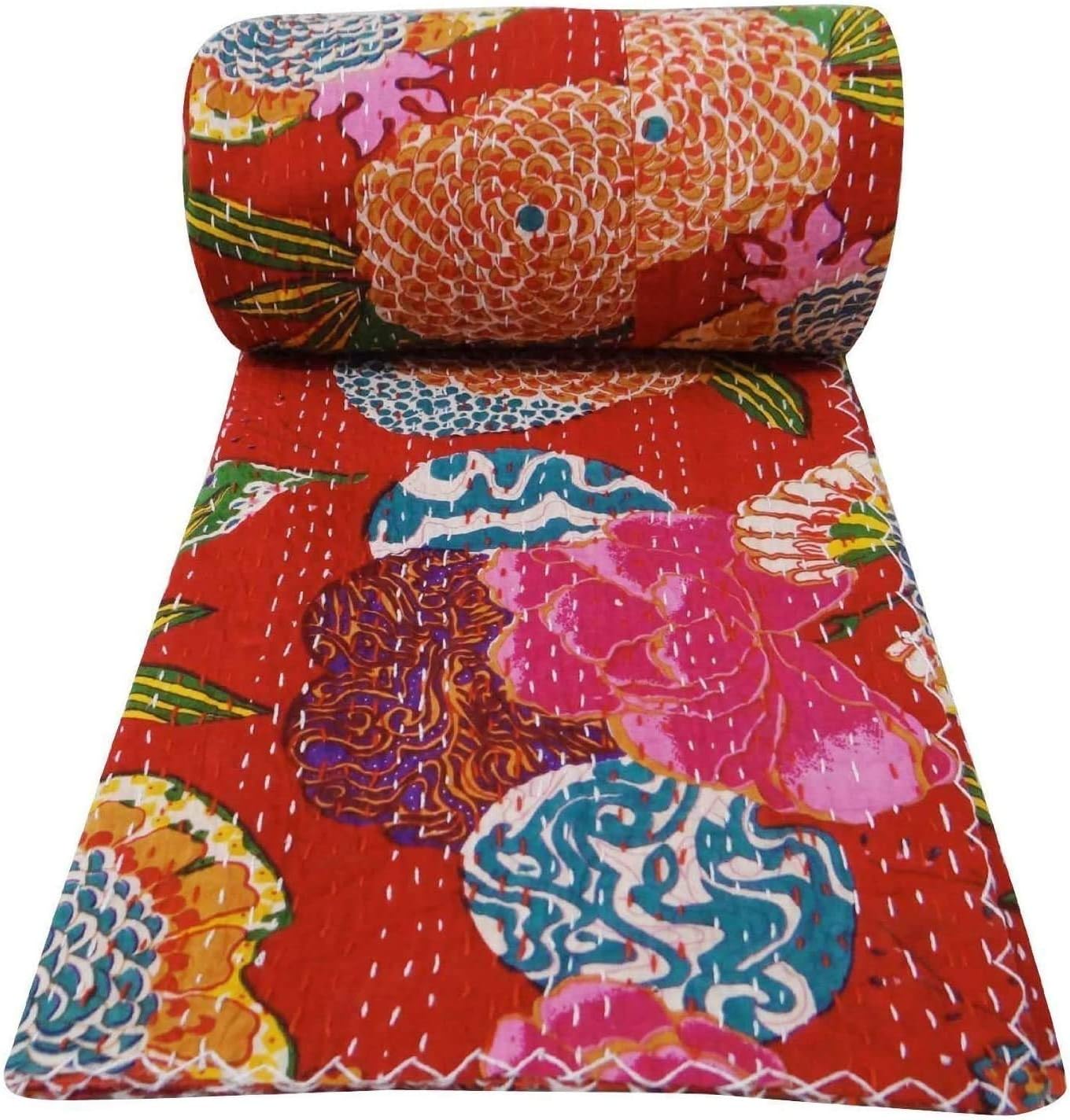 Indian Handmade Red Kantha Quilt Cotton Fruit Print Tribal Bed Cover Reversible Bedspread Blanket Picnic Throw Floral Coverlet 90x60 Inches
