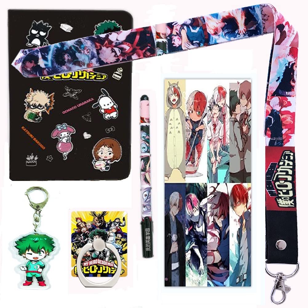 My Hero Academia Merch Gift Set - Included Notebook, Bookmarks, Gel Pen, Long Lanyard, Midoriya Izuku Keychain, Phone Ring Holder for Anime MHA Fans