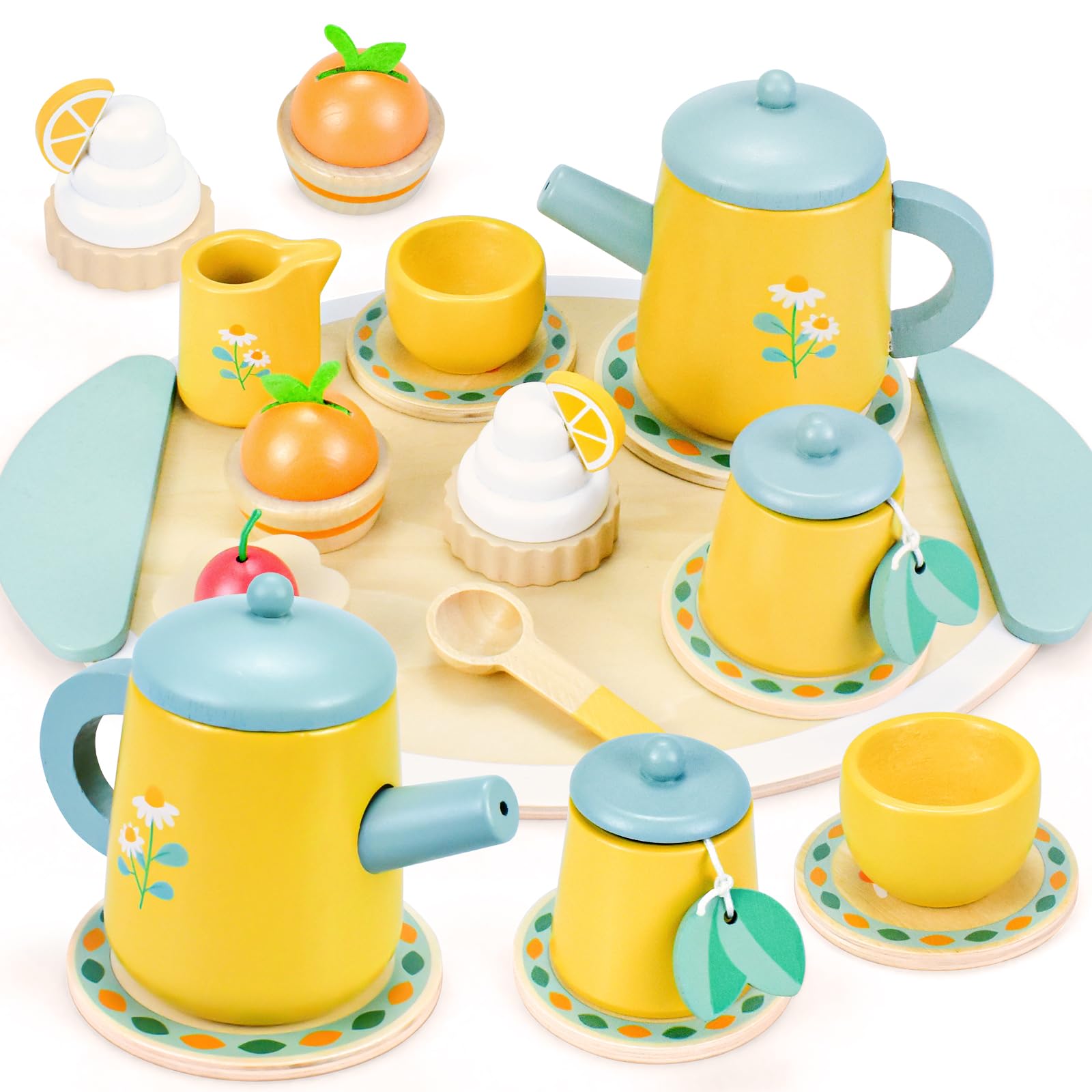 Wooden Tea Set for Toddlers, Tea Party Set with Play Food Dessert for Children , Pretend Role Play Toys for 3 4 5 6 7 8 Years Old Girls Boys
