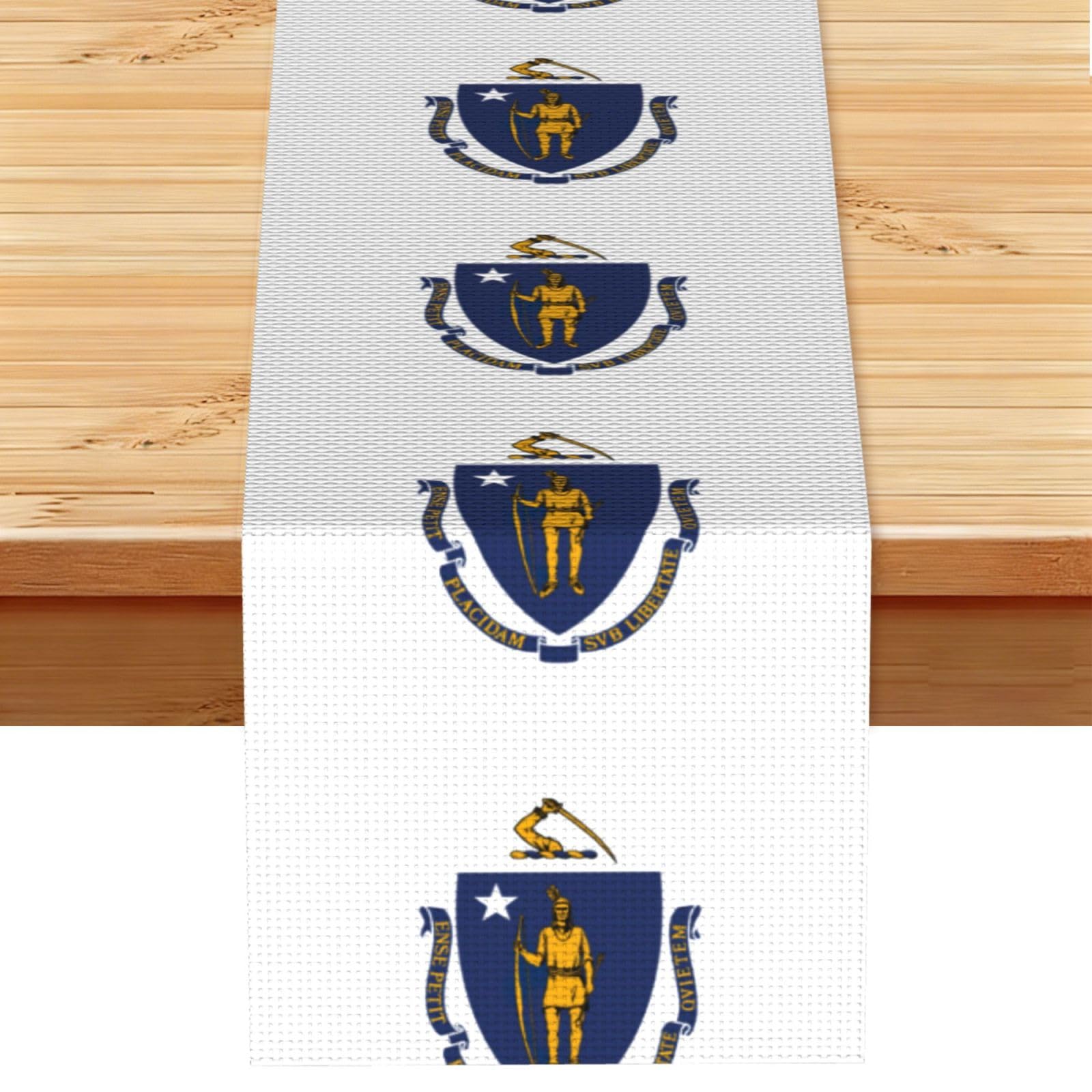 Massachusetts State Flag Printed Table Runner 13 x 72, Wrinkle Resistant Decor for Dining Table Coffee Table Fireplace