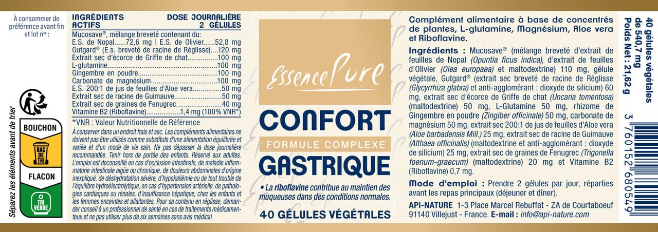 Gutgard® Réglisse déglycyrrhiziné + Mucosave® Nopal & Olivier | Aloe Vera, Griffe de Chat, Guimauve, L-Glutamine | Confort Gastrique | 40 gélules | Essence Pure
