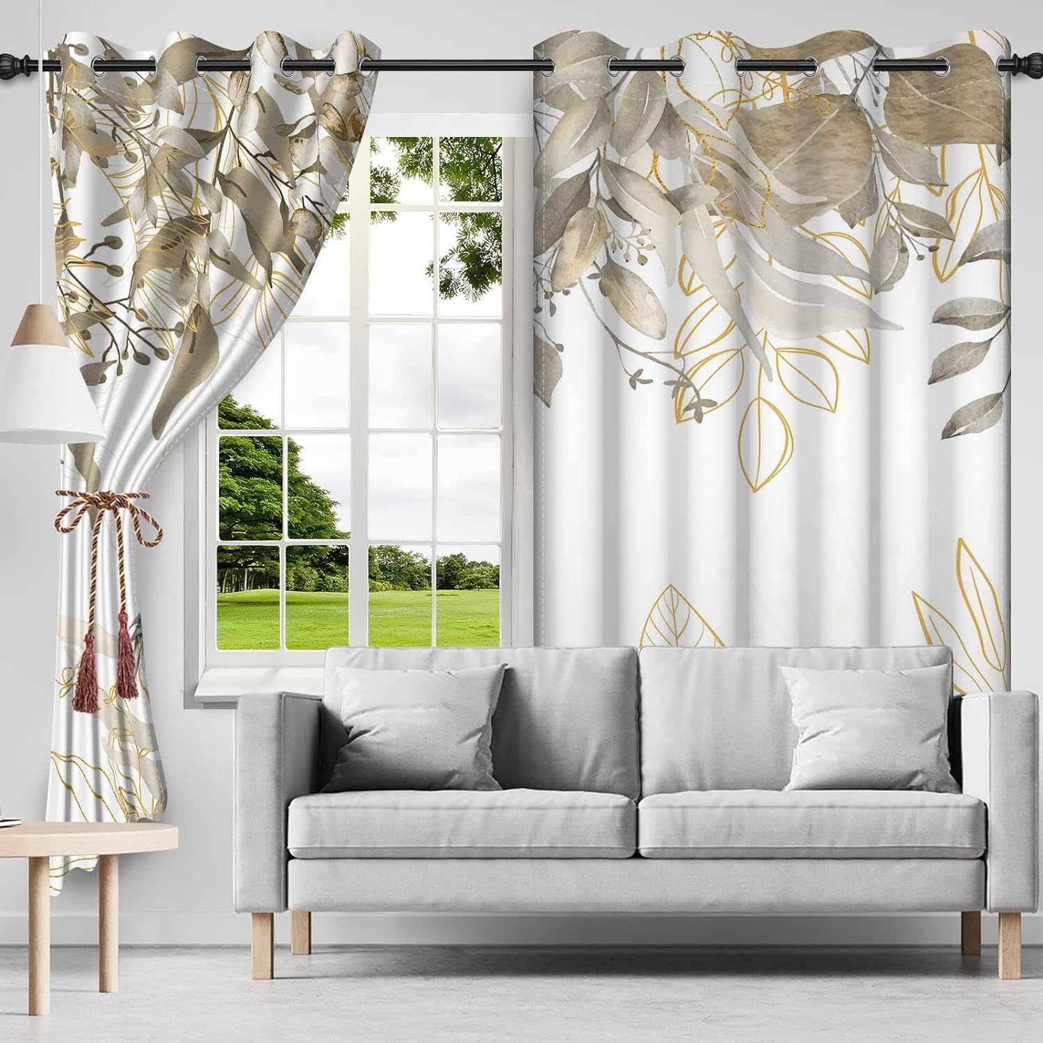 Gardinen Eukalyptus, Vorhänge Grau Blätter Blumenmuster Ösenvorhang Blickdicht Thermogardinen Fensterschal Verdunklungsvorhänge für Wohnzimmer Schlafzimmer Kinderzimmer, 2er Set, 135Bx215Hcm