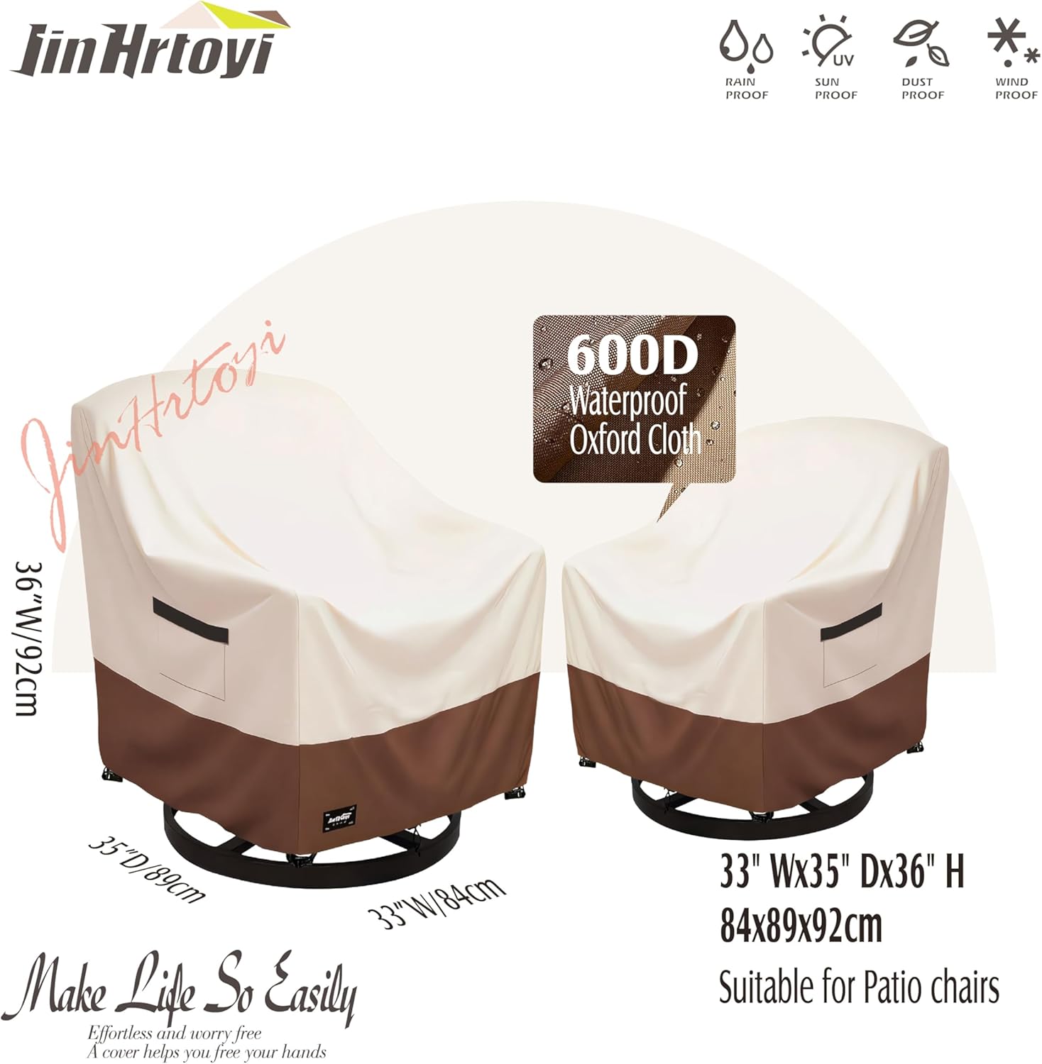 JinHrtoyi Outdoor Chair Covers 2 Pack,33Wx35Dx36H inches Patio Chair Cover,100% Waterproof Heavy Duty Outdoor Furniture Covers Waterproof,Beige&Brown Modern Style Patio Furniture Cover