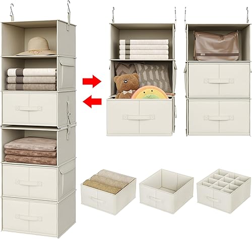 Miniatura 10 de Organizador de armario colgante de 6 estantes 2 estantes colgantes separables de 3 estantes con 3 cajones para armario guardería organización y Gris