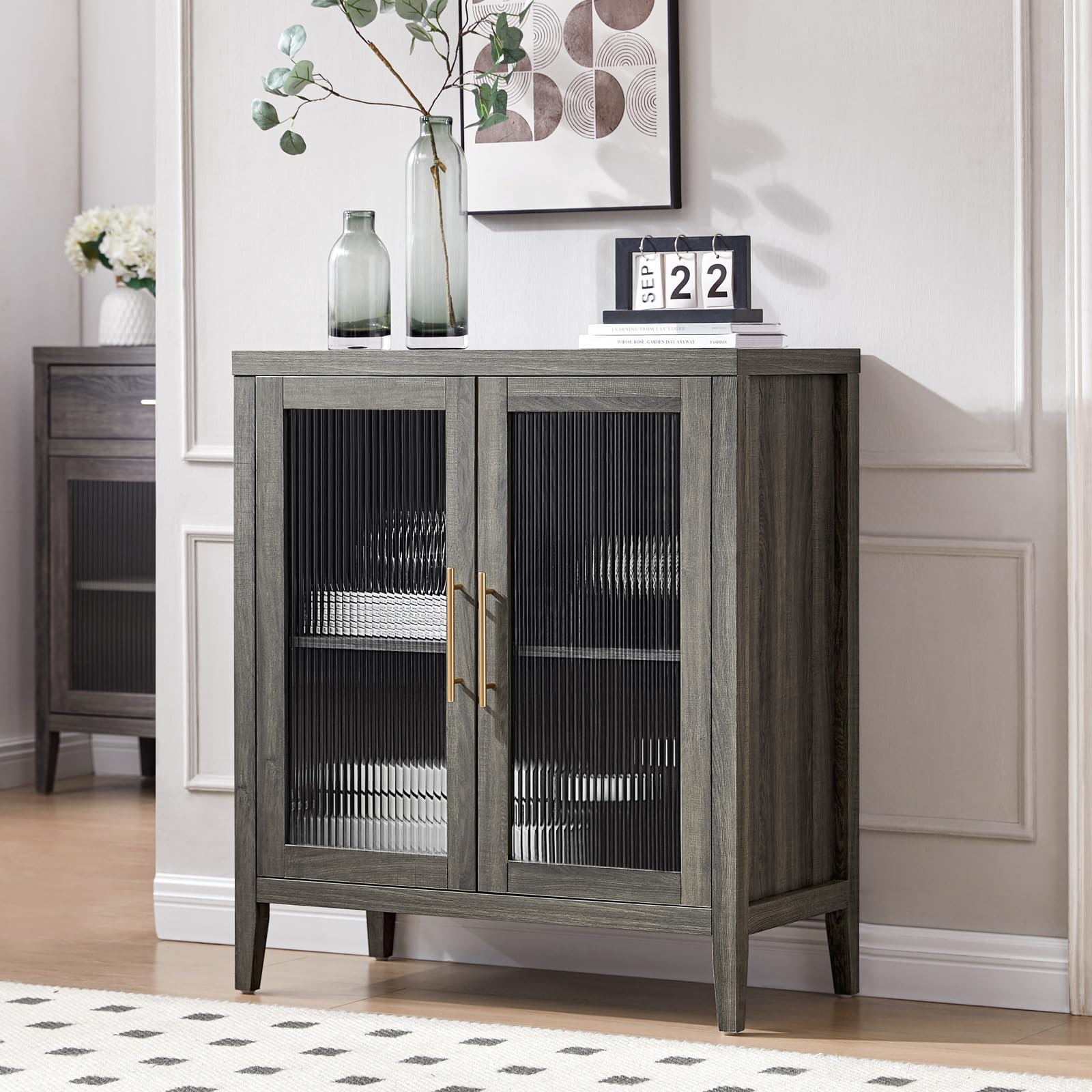 OAKHAM HOMEFluted Reeded Glass Sideboard Buffet Storage Cabinet with Adjustable Shelf, Accent Entryway Cabinet Console Table for Dining Room, Living Room, Hallway