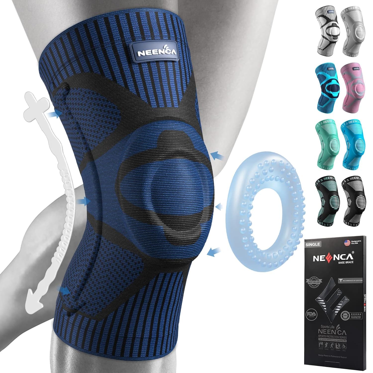 NEENCA Knee Brace with Side Stabilizers & Patella Gel Pads, Adjustable Compression Knee Support Braces for Knee Pain, Meniscus Tear,Arthritis, Joint Pain Relief,Injury Recovery - Single (Dark Blue, L)