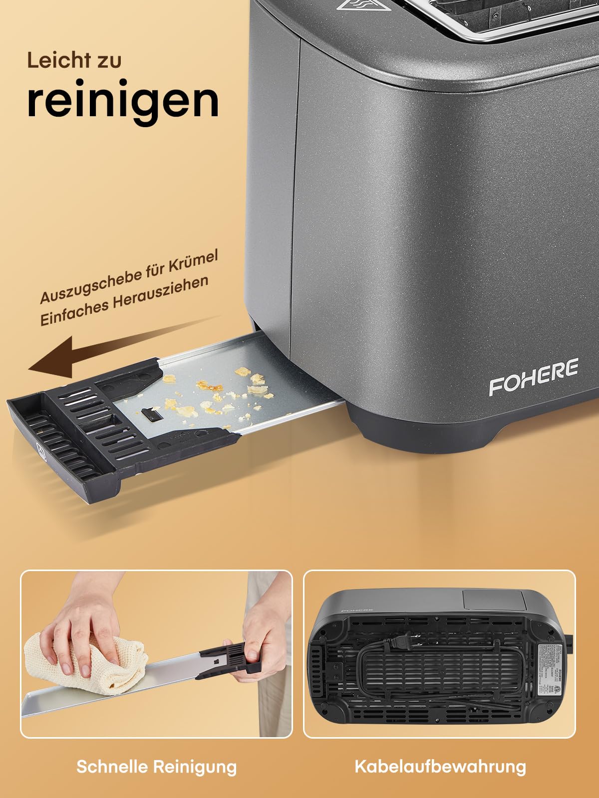 Toaster 4 Scheiben, 1400W Edelstahl Langschlitz Toaster, 9 Farbeinstellungen und 3 Brotsorten, Abbruch/Auftau/Aufwärmfunktion,Touchscreen Bedienung, mit Brötchenaufsatz, Grau