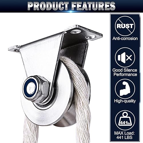 Miniatura 19 de Rueda de polea ranurada para cuerda montada en la pared, 1 paquete de acero inoxidable súper silencioso, sistema de tirones de cable, tipo U