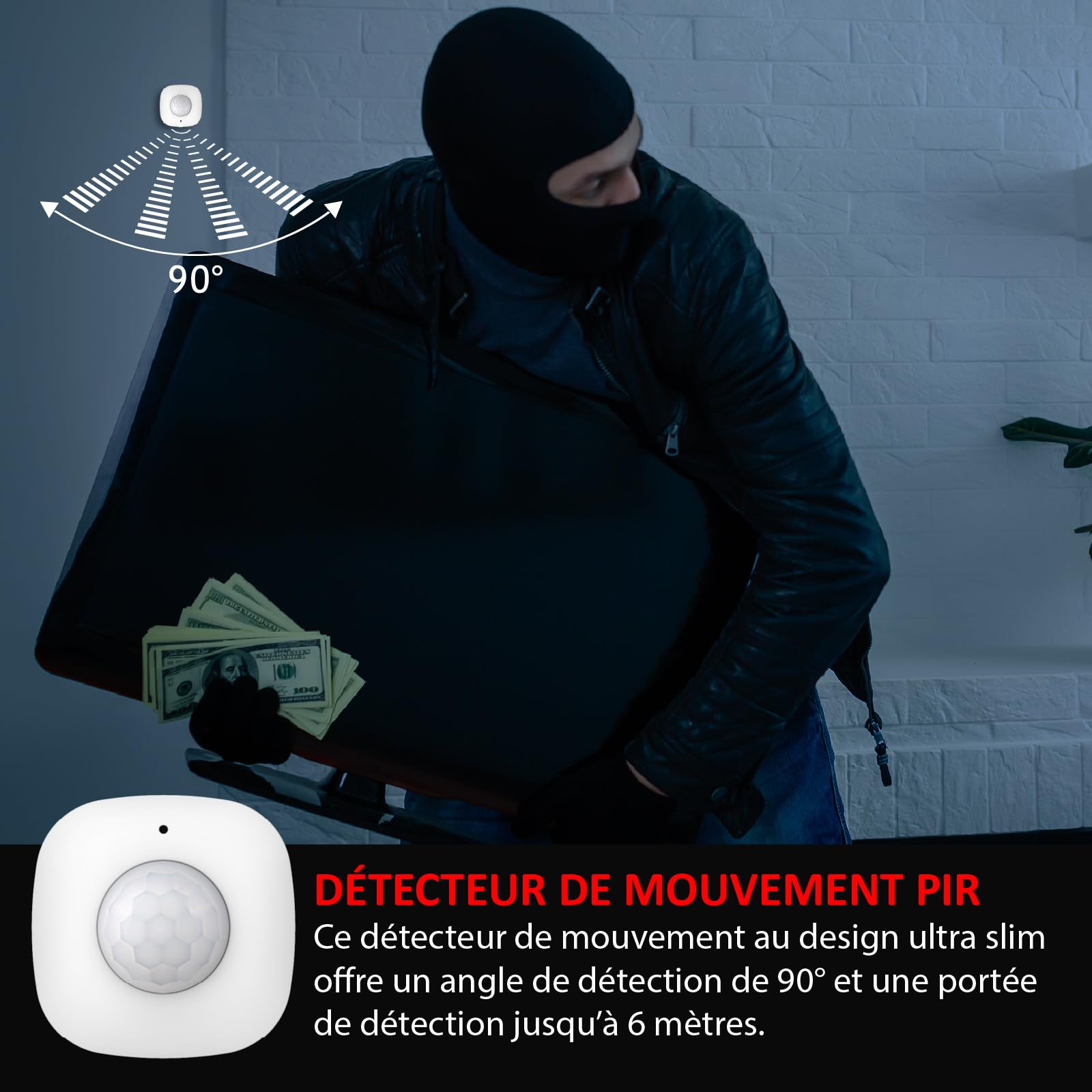 Kit Alarme Connecté WiFi 2,4GHz, Sirène 90dB, Détecteur Mouvement et Ouverture, Flash LED, 868MHz