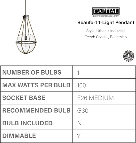 Miniatura 3 de Capital Lighting 327413NG Beaufort Coastal - Bata de yute natural con colgante de globo de vidrio transparente, 1 luz, 100 vatios, 23 pulgadas de