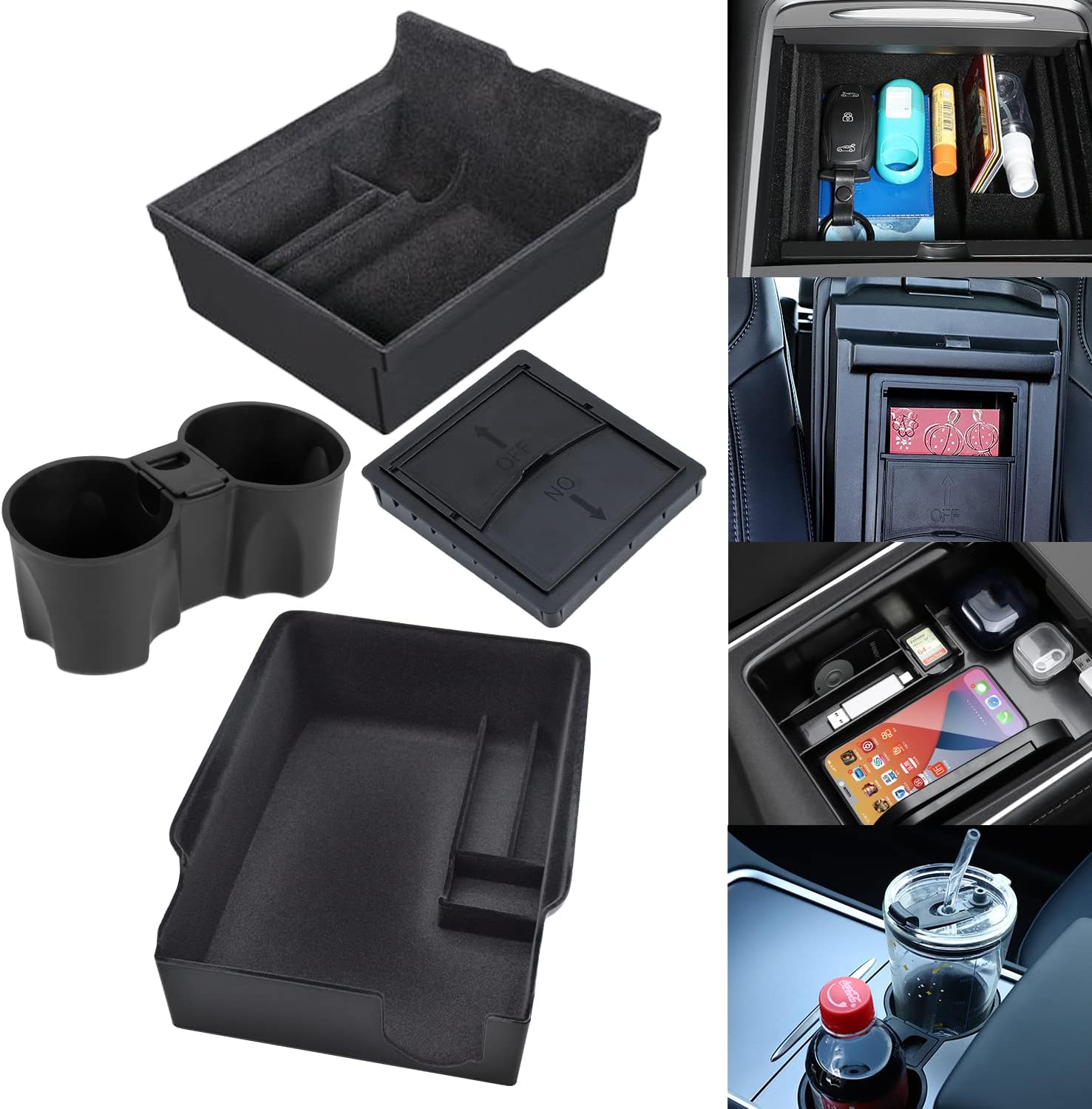 Center Console Organizer Tray Cup Holder Insert 4PCS Upgrade for 2021 2022 2023 Tesla Model 3 Y Interior Accessories Flocked Organizer Armrest Hidden Cubby Drawer Storage Box ABS Material Custom Fit