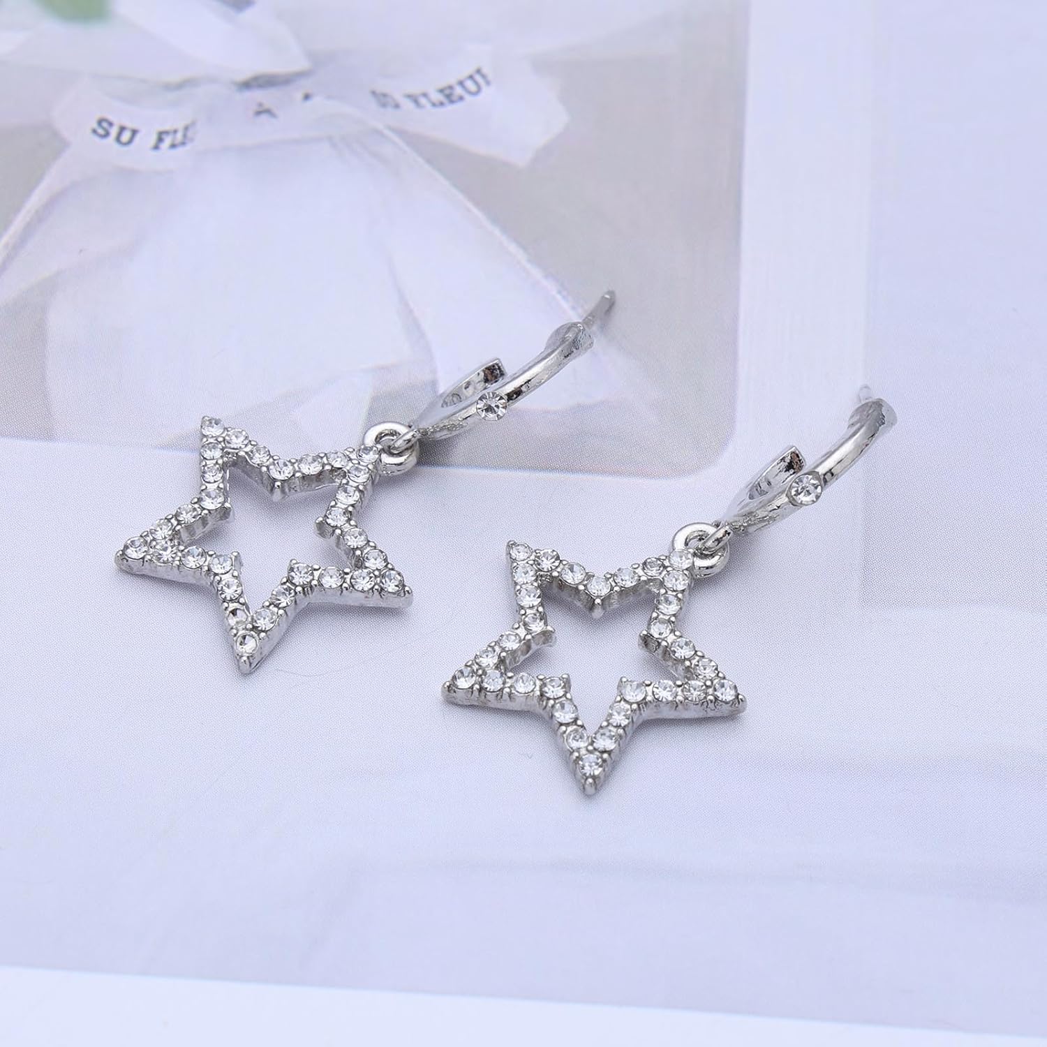 Bohemian Crystal Star Drop Earrings Small Hollow Star Dangle Earrings Silver Cz Star C Shape Earrings Rhinestone Star Circle Hoop Earrings Jewelry for Women - Image 7