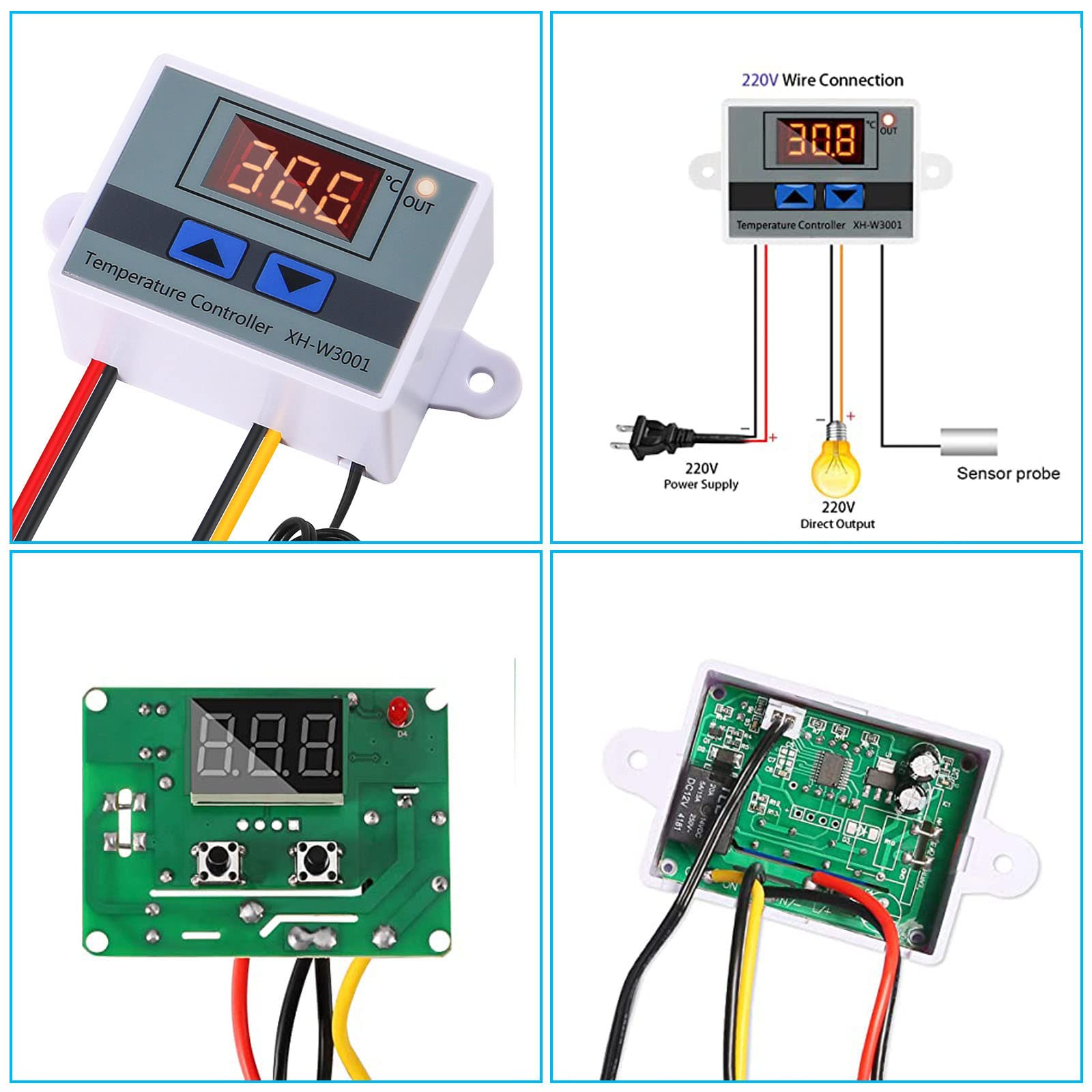 Alinan 2pcs 220V XH-W3001 Digital LED Temperature Controller Mini Thermostat Switch with Waterproof NTC 10K Thermistor Sensor Temperature Probe, -50℃ to 110℃ Heating/Cooling Temperature Control — Amazon image 4