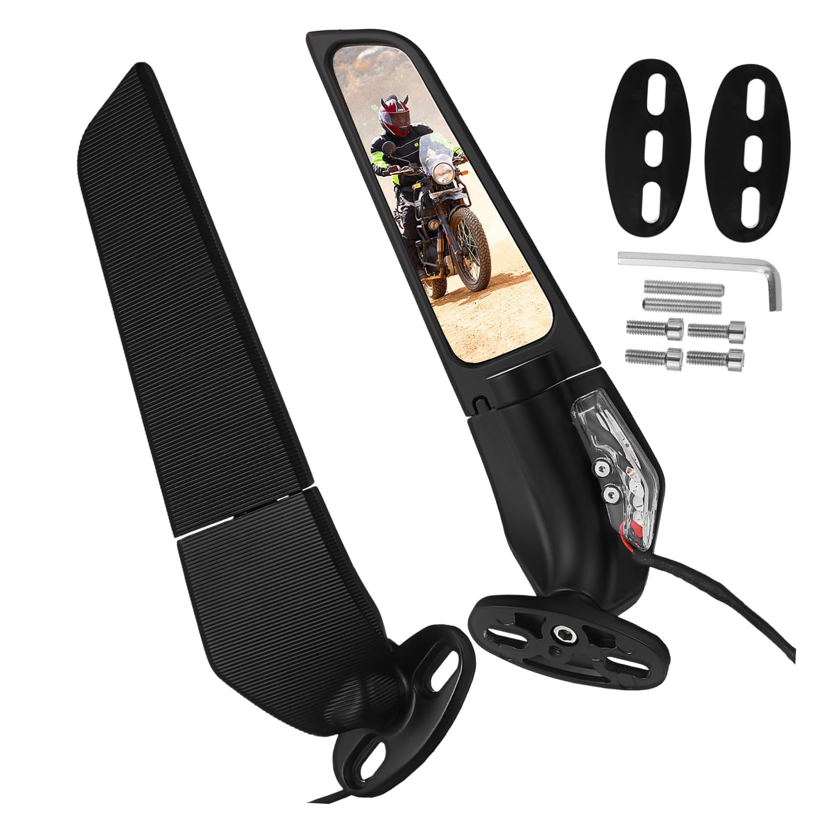 Specchietti Laterali Moto con Frecce 1 Paio Nero Lega di Alluminio ABS | Montaggio Rapido, Accessori Necessari Inclusi, Struttura Stabile e Robusta su Manubrio per Uso Quotidiano