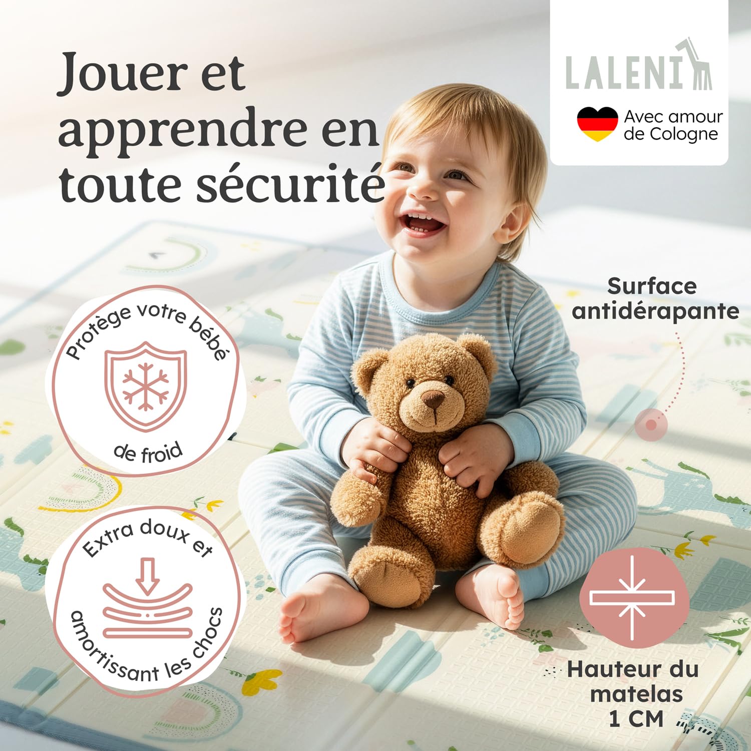 Laleni Tapis d’éveil bébé 120 x 150 x 1 cm – imperméable, pliable et réversible – épais, antidérapant et doux – pour intérieur/extérieur – motif arc-en-ciel