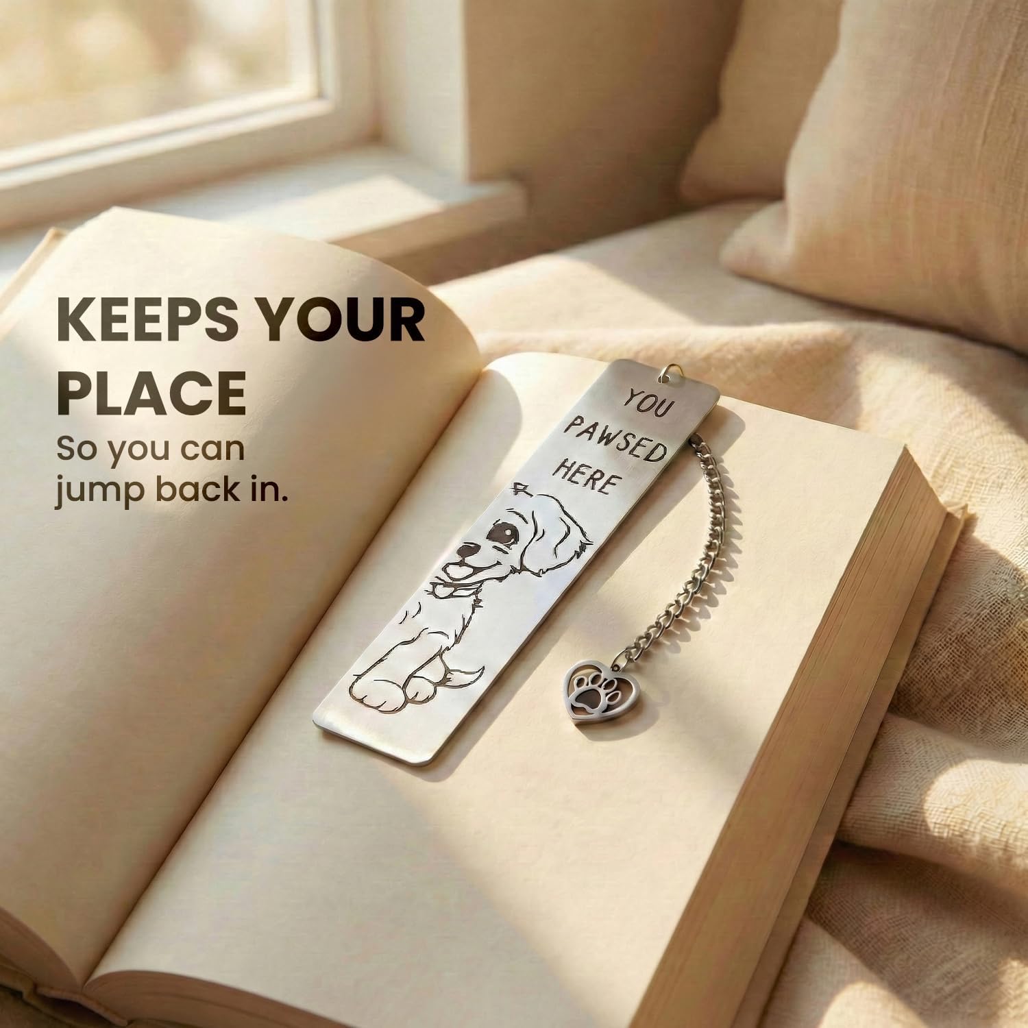 Dog Bookmark, Stainless Steel Metal Bookmark with Paw Charm, Engraved “You PAWSED HERE”, Cute Puppy Book Marker Gift for Dog Lovers & Dog Moms - Image 2
