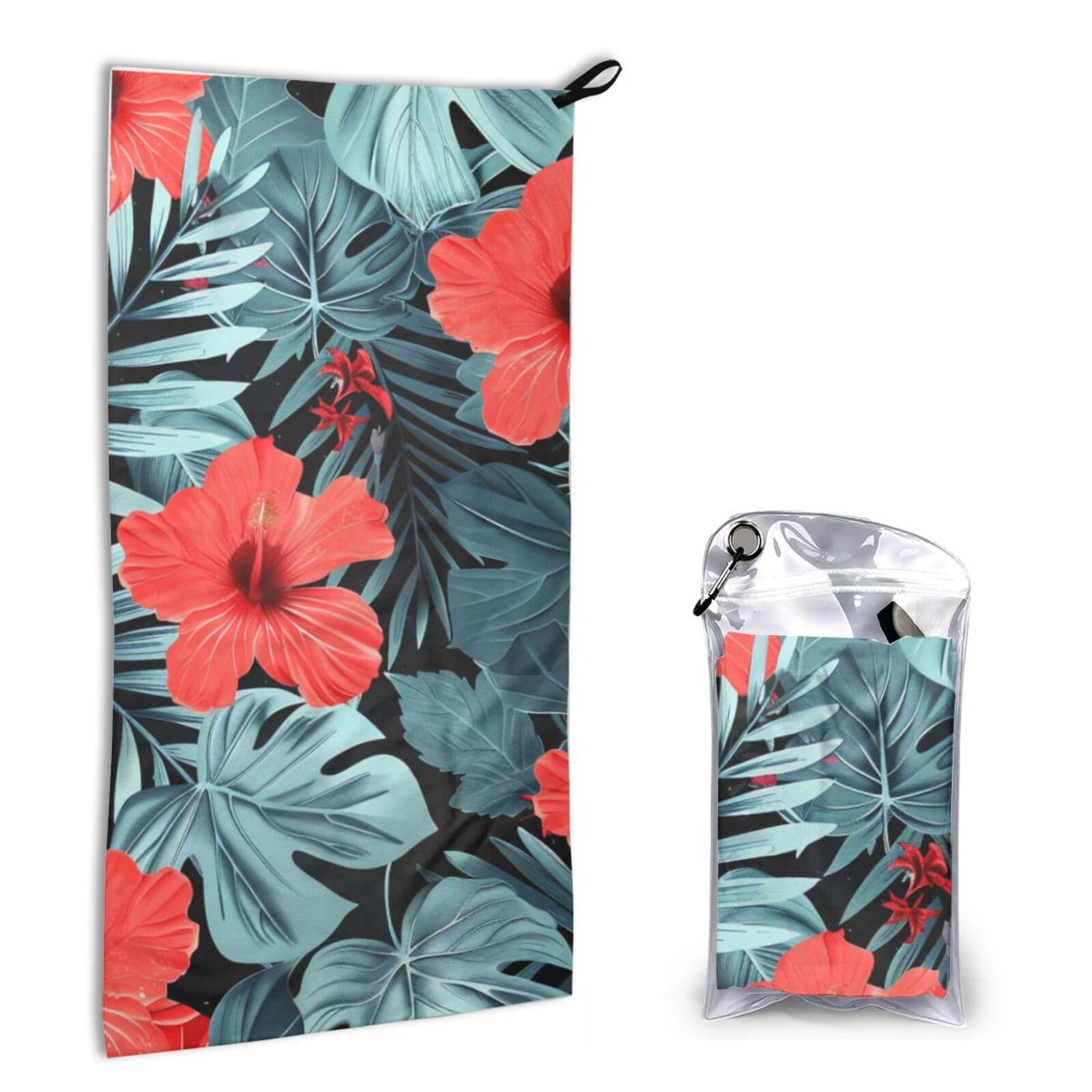 BWWHCCTI Quick Dry Hand Towel With Bag - Red Hibiscus Printed Super Absorbent Face Cloth Microfiber Travel Sports Towels 40x80cm