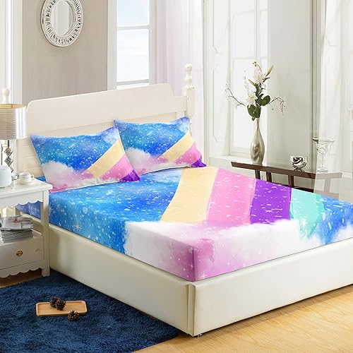 Miniatura 4 de Sábanas y fundas de almohada de microfibra suave arcoíris, sábana bajera ajustable con bolsillos profundos, sábana bajera ajustable para decoración