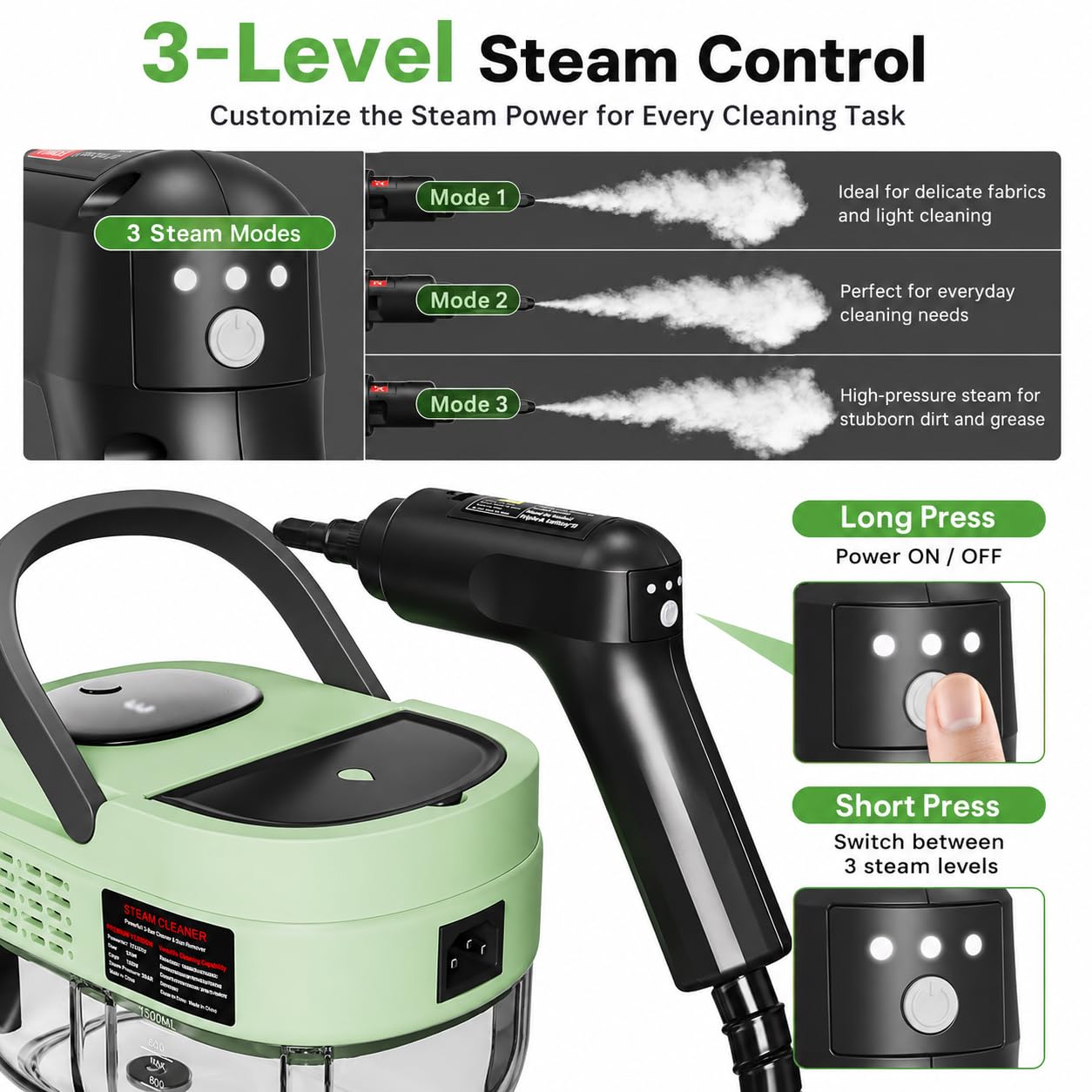 Pulitore a vapore portatile per casa, riscaldamento 15s, serbatoio da 1,69 QT, kit da 18 pezzi