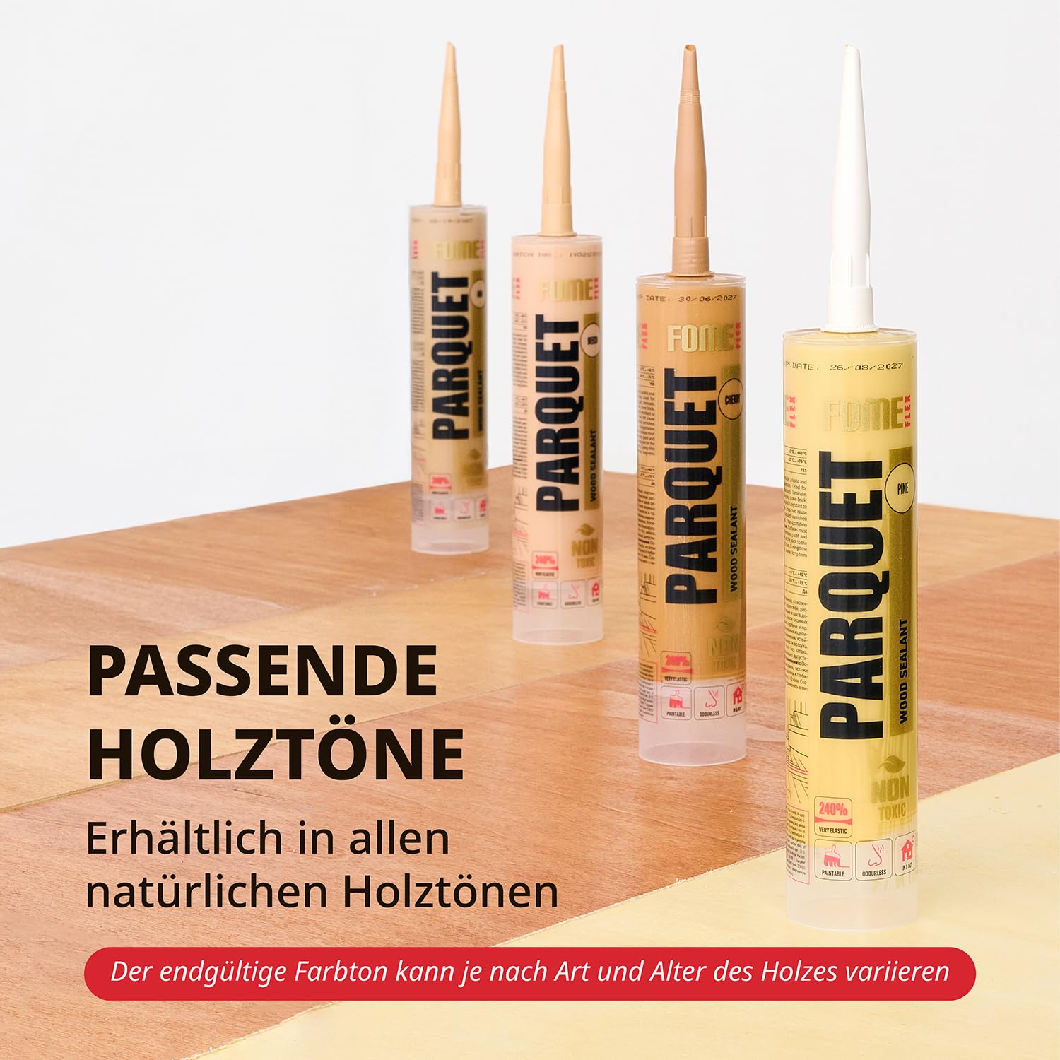 Kartuschenpistole + FOME FLEX 3x Parkett-Fugenfüller Kiefer – Acryl Dichtstoff für Holz, Parkett und Laminat, überstreichbar mit 2000N Pistole