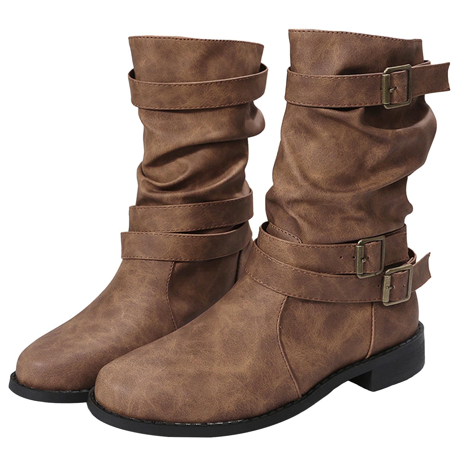 Womens Leather Wide Width Slouchy Ankle Boots with Buckle Classic Round Toe Comfort Low Chunky Heel Pull-On Mid