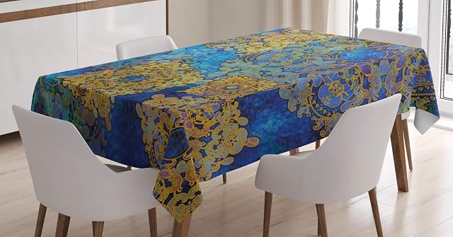 ABAKUHAUS Ethnic Tablecloth, Persian Motif Bohemian, Dining Room Kitchen Rectangular Table Cover, 54 W X 78 L, Pale Coffee Blue