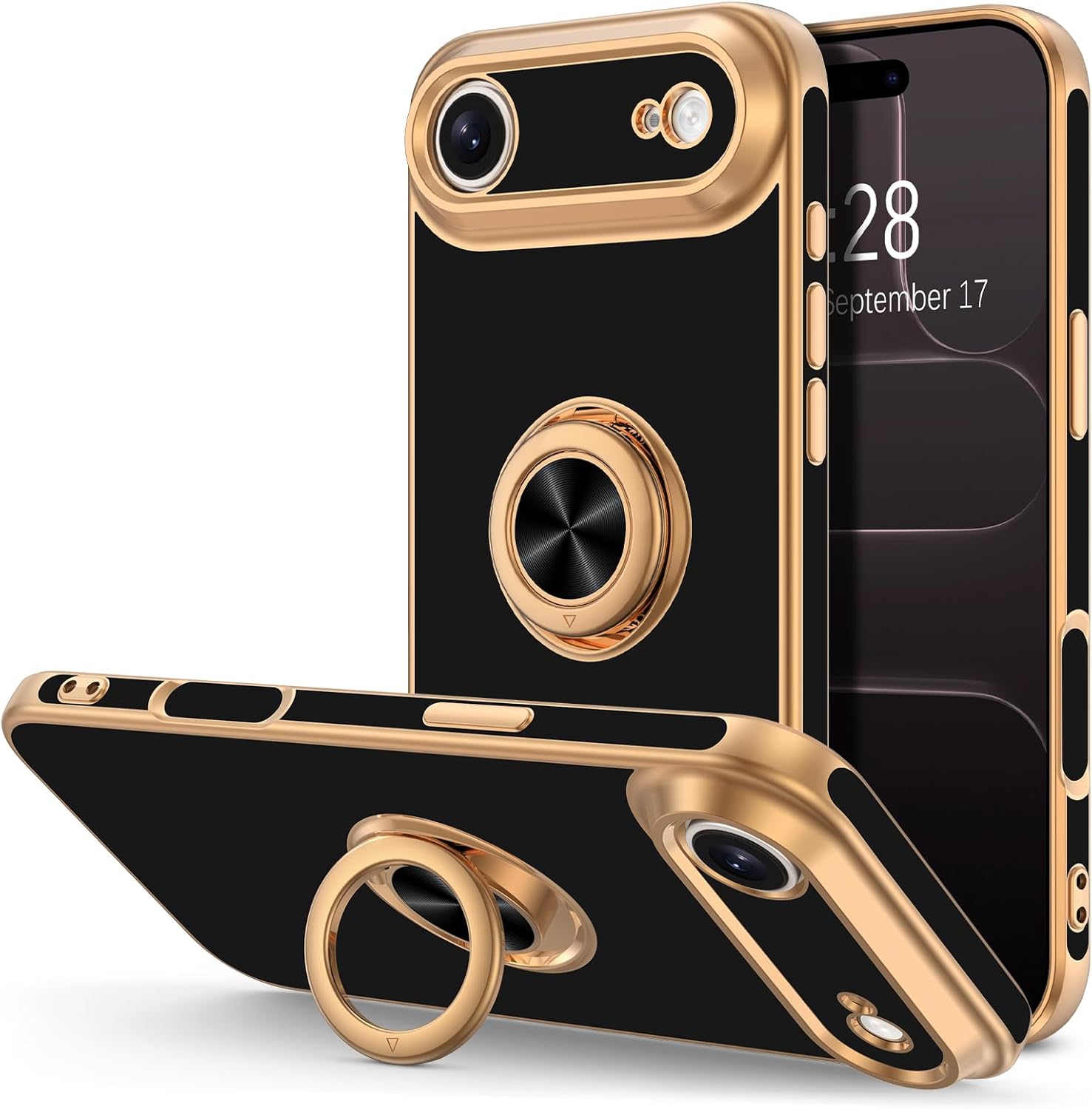 Hython for iPhone Air Case with Ring Stand, 360° Rotatable Ring Holder Magnetic Kickstand, Plating Rose Gold Edge Soft Cover Protective Phone Case for iPhone Air 6.5", Black