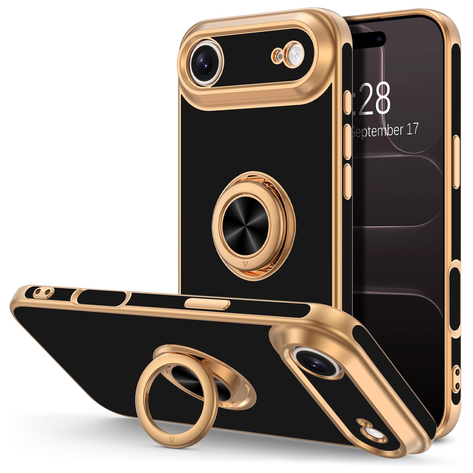 Coque iPhone Air 6,5" noire Hython avec anneau support rotatif et béquille