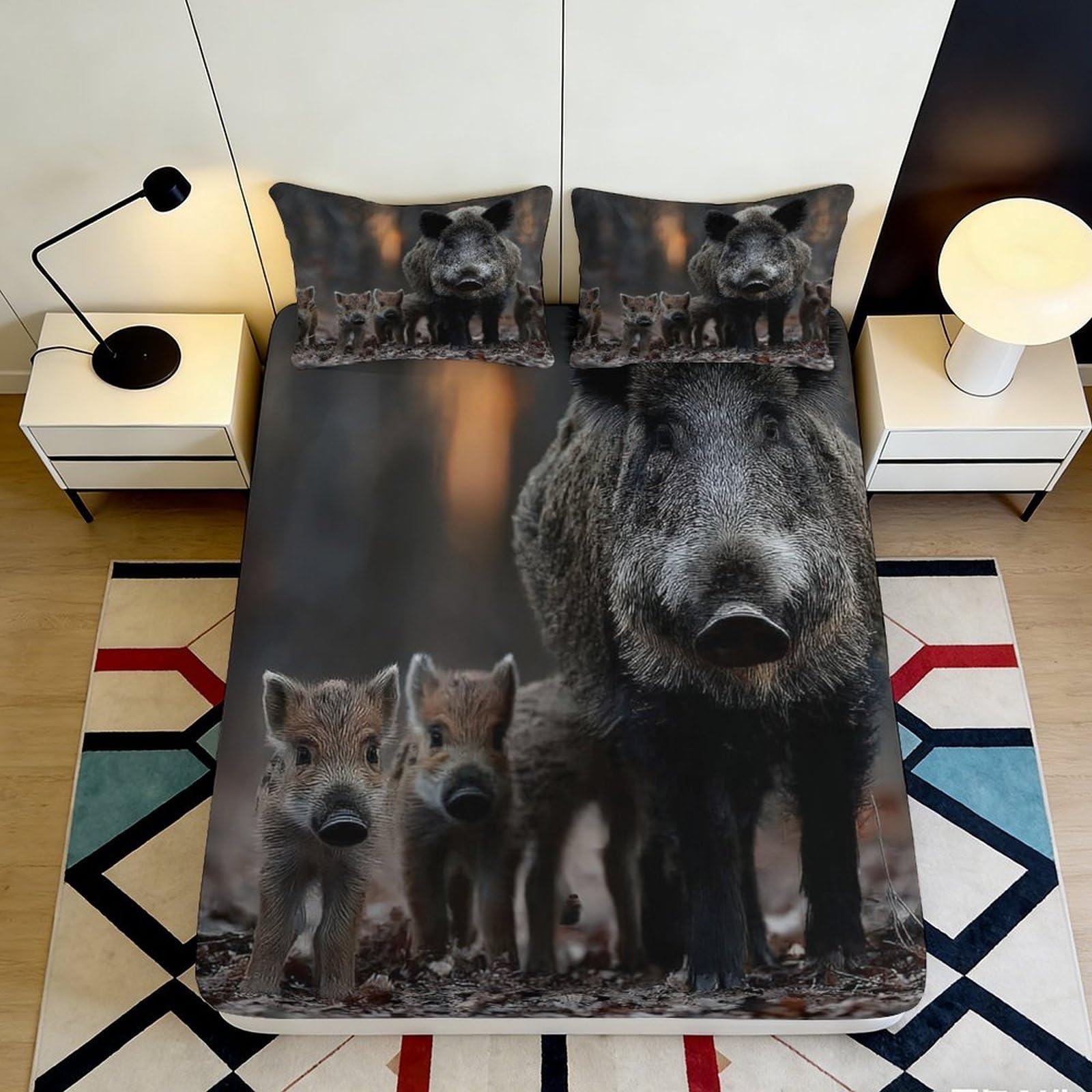 3D Printed Wild Boar Forest Fitted Sheet Microfiber Soft Anti-Slip Woodland Animal Bed Cover for Bedroom Guest Room 140x200x25cm