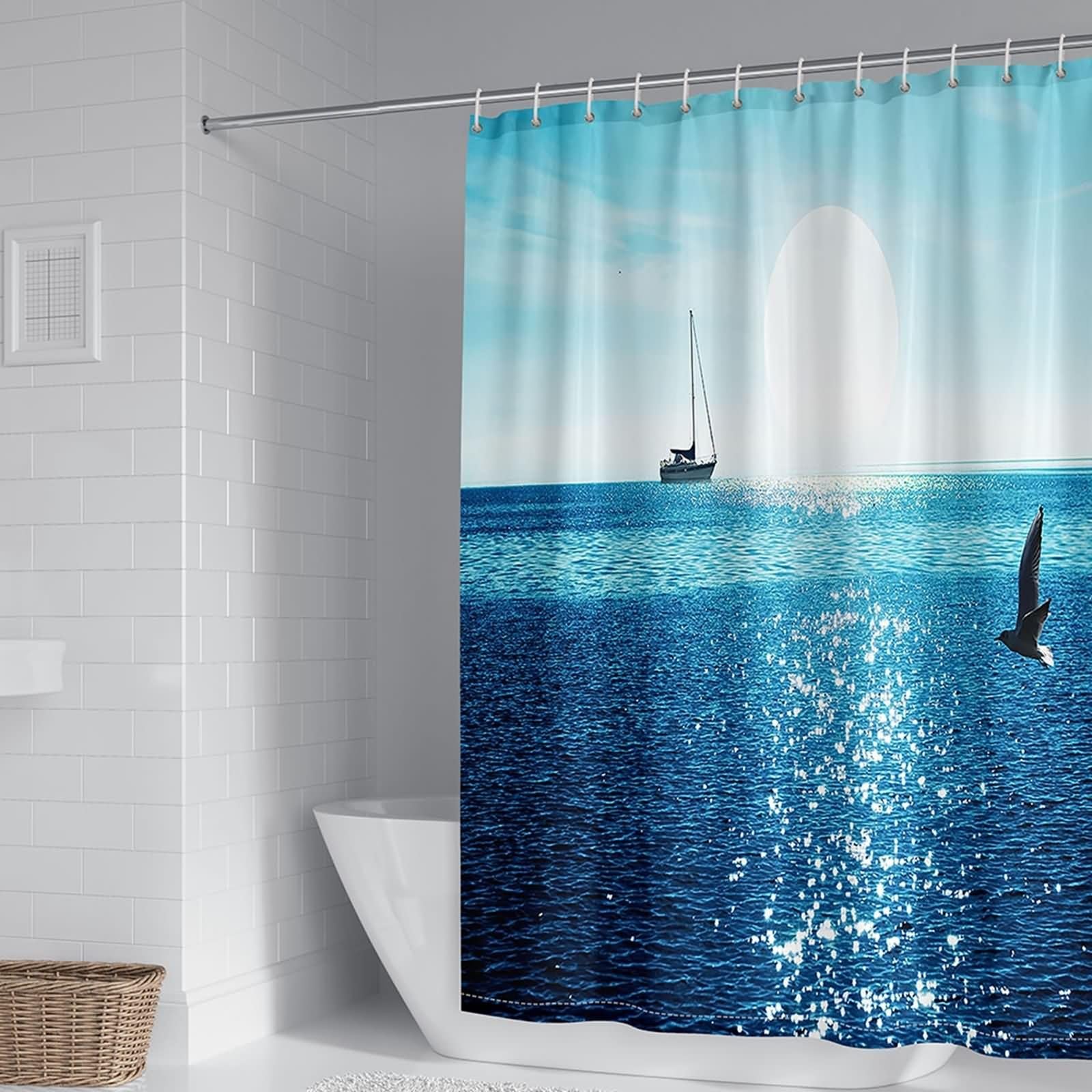 Rideau de douche 300x200cm bleu blanc en polyester KnSam motif voilier