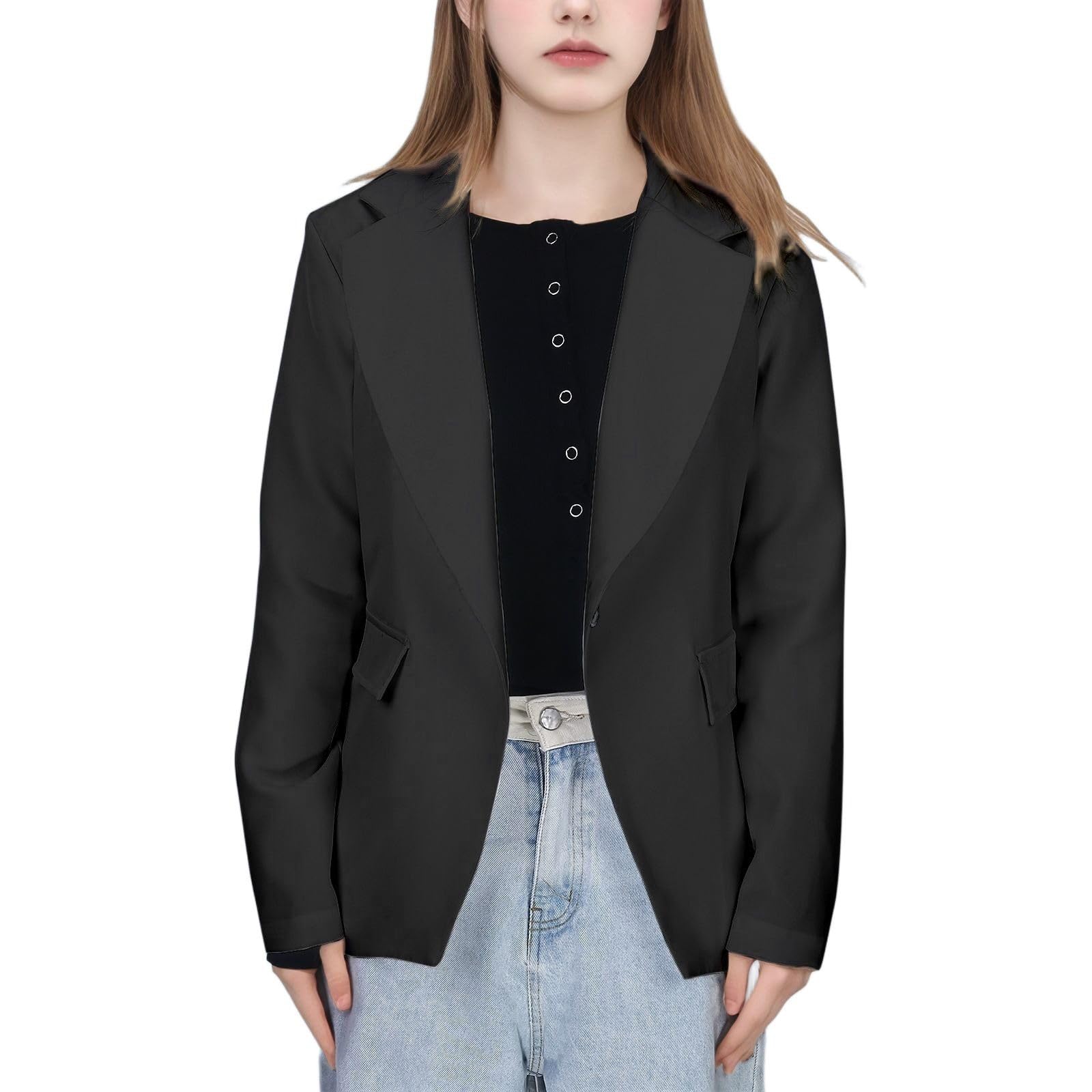 Generisch Mädchen Einfarbig Formale Revers Anzug Mantel Button Down Lange Seelve Blazer Anzug Jacke Für Kinder (Black, 11-12 Years)