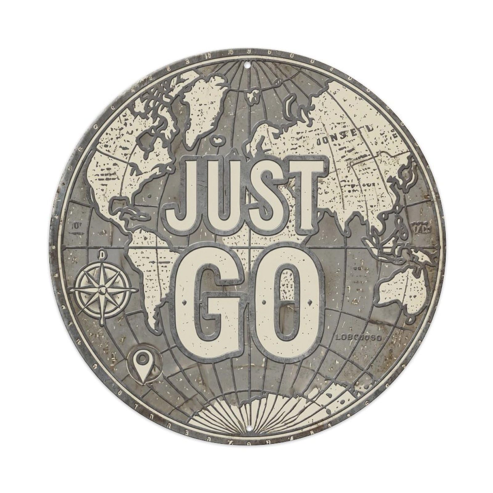 Vintage World Map with Compass Just Go Sojourner Metal Tin Sign