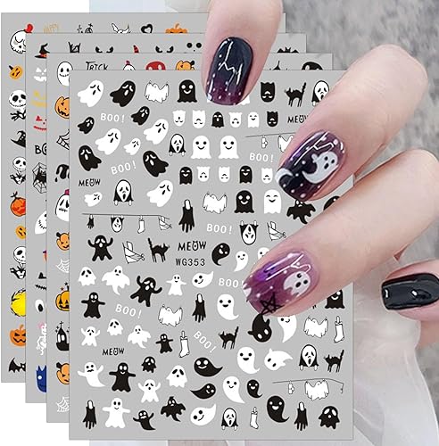 Miniatura 1 de JMEOWIO 12 hojas de calcomanías de arte de uñas de Halloween, calcomanías autoadhesivas, uñas lindas de calavera fantasma, fantasma, suministros de